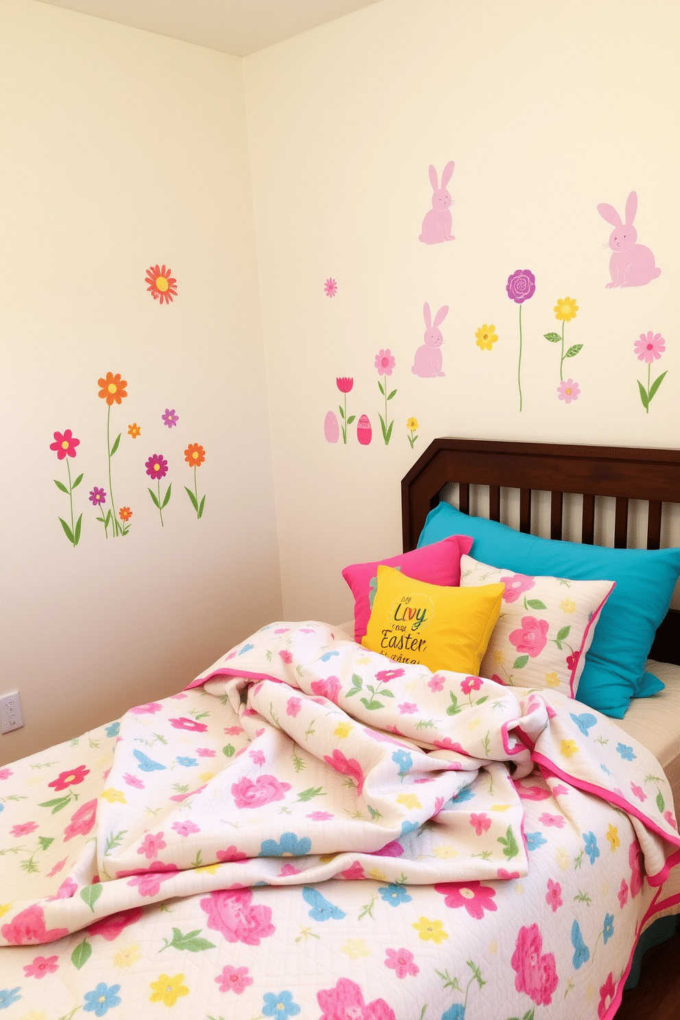 A cheerful bedroom adorned with spring-themed wall decals featuring colorful flowers and playful bunnies. The walls are painted in soft pastels, creating a light and airy atmosphere perfect for Easter celebrations. Decorative accents include a cozy quilt with floral patterns draped over the bed and plush pillows in vibrant hues. A small Easter-themed centerpiece sits on the bedside table, adding a festive touch to the room.