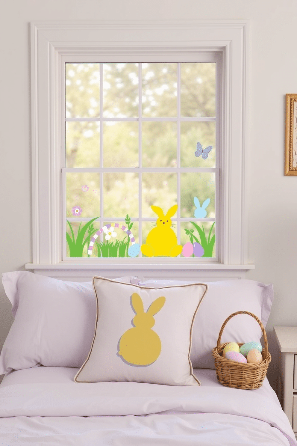 A whimsical bedroom adorned with Easter-themed window clings. The window features colorful bunnies and pastel eggs, creating a cheerful atmosphere that invites spring inside. Soft, plush bedding in light lavender complements the decor, while a decorative throw pillow with an Easter motif adds a playful touch. A small basket filled with faux Easter eggs sits on the nightstand, enhancing the festive theme.