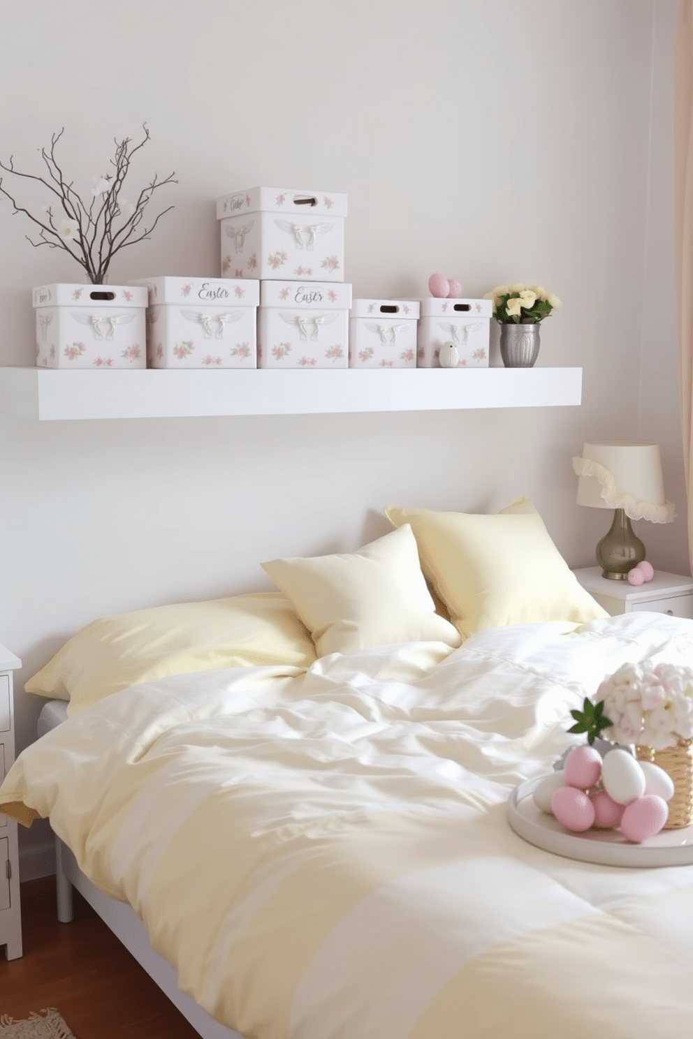 A collection of pastel-colored storage boxes is neatly arranged on a white floating shelf. Each box is adorned with delicate floral patterns, adding a touch of whimsy to the space. The bedroom is elegantly decorated for Easter, featuring soft pastel hues and charming accents. A cozy bed is adorned with a light yellow duvet, while decorative eggs and spring flowers are tastefully placed throughout the room.