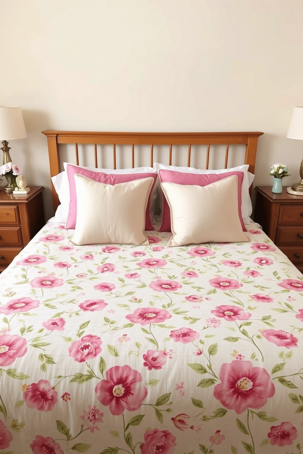 A cozy bedroom featuring a floral-patterned bedspread that adds a pop of color and warmth to the space. The bed is adorned with plush pillows in complementary hues, creating an inviting atmosphere perfect for relaxation. The walls are painted in a soft pastel shade, enhancing the cheerful vibe of the room. Delicate Easter decorations, such as pastel-colored eggs and small floral arrangements, are strategically placed on the nightstands and dresser, adding a festive touch.