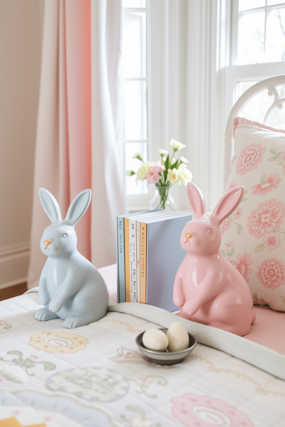 Easter-themed bookends designed as playful bunnies, crafted from ceramic with a glossy finish. They feature pastel colors, one in soft pink and the other in baby blue, adding a cheerful touch to any bookshelf or desk. A cozy bedroom adorned with subtle Easter decorations, including a pastel-colored quilt on the bed and decorative pillows featuring floral patterns. A small table by the window displays a vase filled with spring flowers and a few Easter eggs nestled in a decorative bowl.