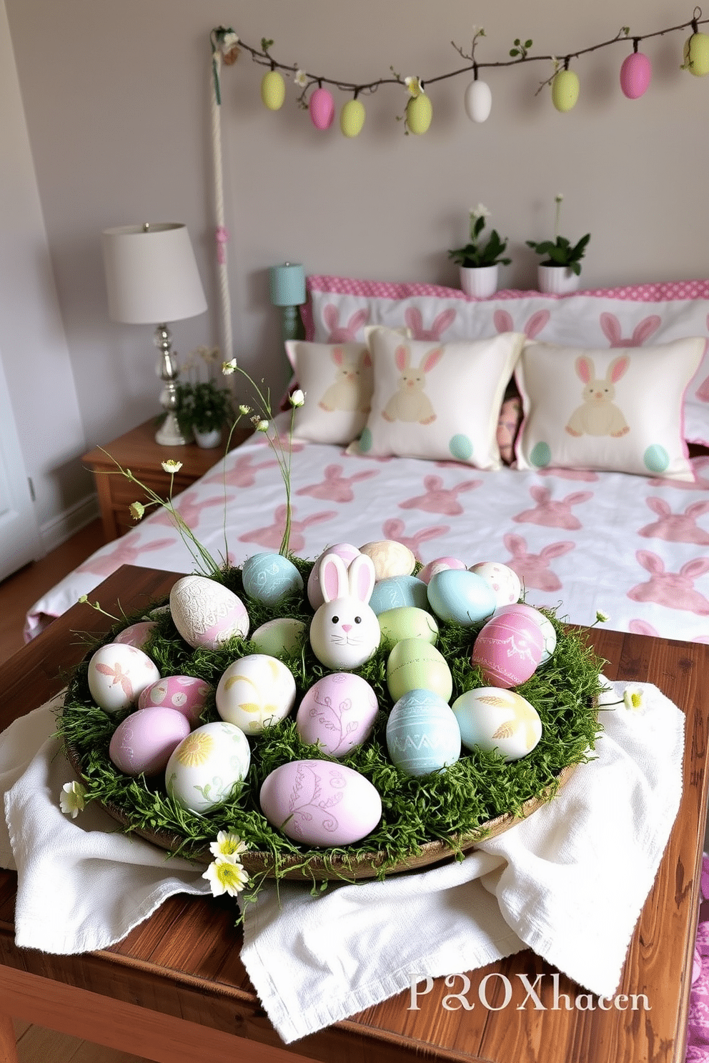 A vibrant display of decorative Easter eggs is arranged on a rustic wooden table, surrounded by soft pastel-colored fabrics and fresh spring flowers. The eggs, painted in intricate patterns, are nestled in a bed of green moss, creating a cheerful and inviting centerpiece. The bedroom is adorned with Easter-themed decorations, featuring a cozy quilt with bunny motifs draped over the bed. Delicate garlands of pastel eggs hang above the headboard, while small potted plants with blooms add a touch of freshness to the room.