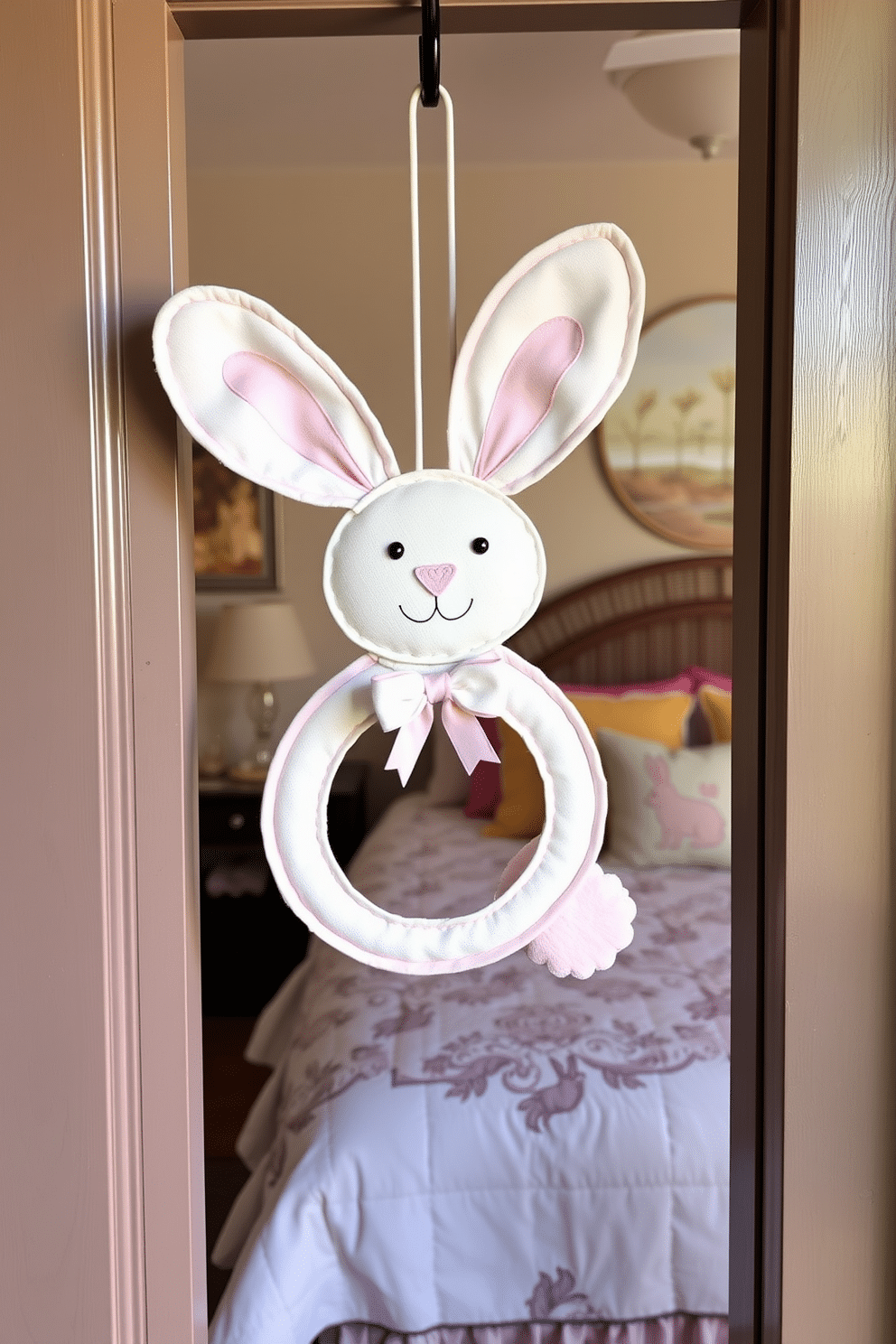 A whimsical bunny-shaped door hanger crafted from soft pastel fabric hangs cheerfully on the door, adding a playful touch to the entrance. The hanger features delicate embroidery and a small bow, creating a charming welcome for guests during the Easter season. Inside the bedroom, Easter decorations are thoughtfully arranged to enhance the festive spirit. A pastel-colored quilt adorned with subtle bunny patterns covers the bed, while decorative pillows in complementary shades add a cozy and inviting feel.