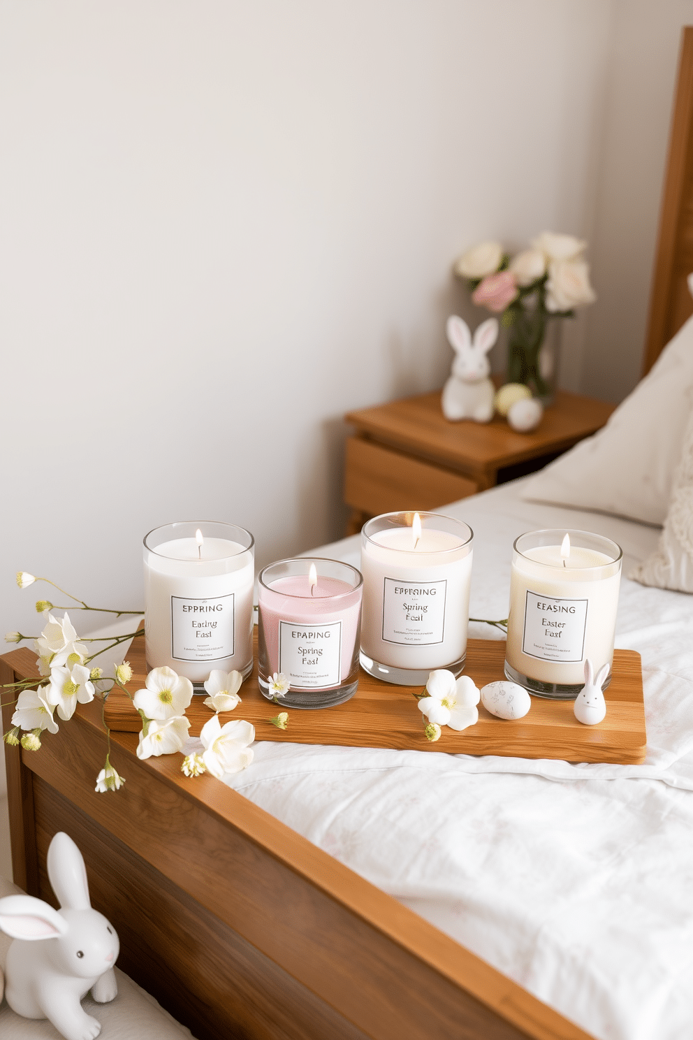 A serene bedroom setting adorned with spring-themed scented candles in various pastel colors. The candles are arranged on a wooden bedside table, surrounded by delicate flowers in soft hues that evoke the essence of Easter. The bedding features a light floral pattern, complementing the overall spring aesthetic. Subtle Easter decorations, such as small decorative eggs and bunny figurines, are tastefully placed throughout the room to enhance the festive atmosphere.