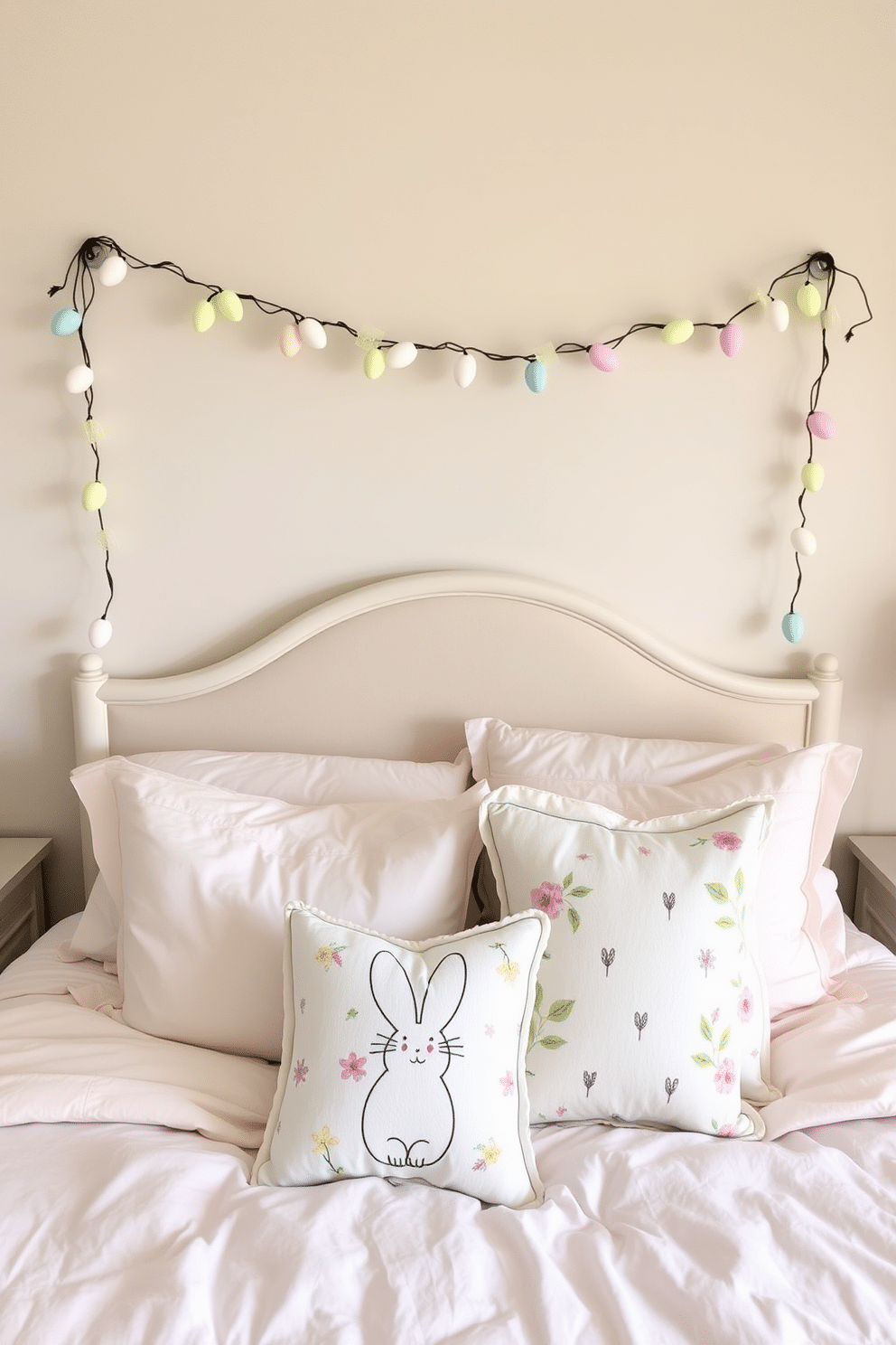 A cozy bedroom adorned with a festive Easter theme. The headboard is draped with a charming garland of pastel-colored Easter eggs, creating a playful focal point. Soft, fluffy bedding in light shades complements the seasonal decor. Decorative pillows featuring bunny and floral patterns add a touch of whimsy to the overall look.