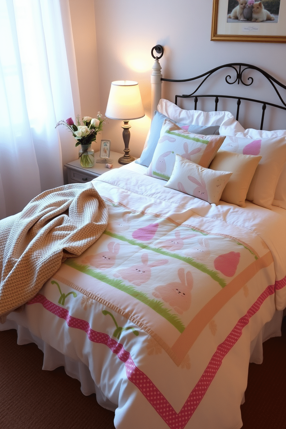 A cozy bedroom adorned with a charming Easter-themed quilt set featuring pastel colors and playful bunny motifs. The quilt is neatly draped over a plush white duvet, complemented by matching pillow shams and a decorative throw pillow with floral accents. On the bedside table, a small vase holds fresh spring flowers, adding a touch of nature to the decor. Soft, warm lighting from a stylish lamp creates an inviting atmosphere, enhancing the festive and cheerful vibe of the room.