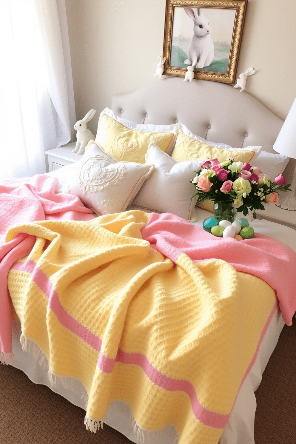 A cozy bedroom adorned with spring-themed throw blankets in pastel colors, featuring soft pinks, yellows, and greens. The blankets are draped over a plush bed, complemented by matching decorative pillows and a light, airy quilt. Easter decorations enhance the room's charm, with whimsical bunnies and colorful eggs artfully arranged on a bedside table. Fresh flowers in a vase add a vibrant touch, bringing the essence of spring into the space.