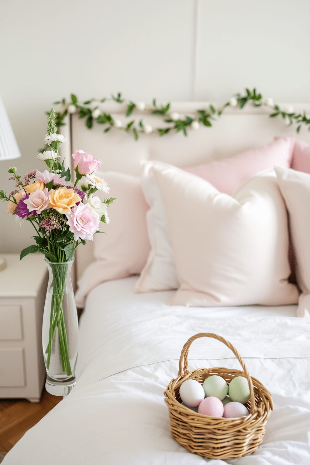 A serene bedroom setting featuring fresh flowers in elegant bedside vases, adding a touch of color and life to the space. The vases are made of clear glass, showcasing a mix of seasonal blooms that complement the soft pastel color palette of the room. For Easter, the bedroom is adorned with subtle decorative elements, such as pastel-colored throw pillows and a delicate garland draped over the headboard. A small basket filled with decorative eggs sits on the bedside table, enhancing the festive atmosphere without overwhelming the serene design.