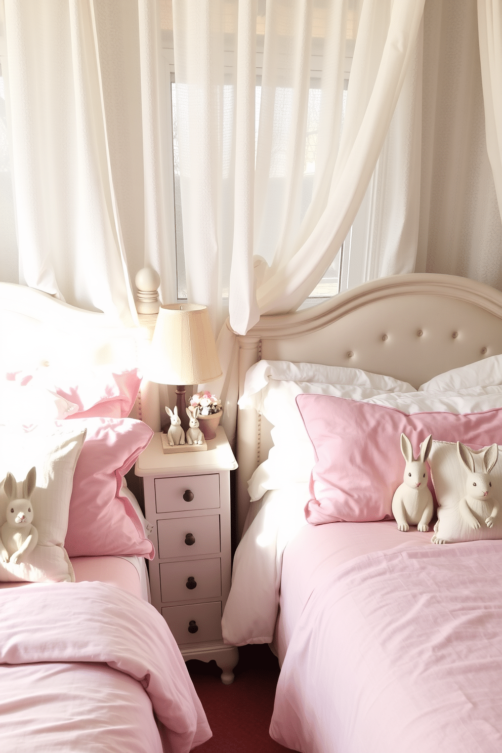 A cozy bedroom setting adorned with charming bunny figurines on each nightstand, adding a playful touch to the decor. The bedding features soft pastel colors, complementing the festive Easter theme, while a gentle light filters through sheer curtains, creating a warm ambiance.