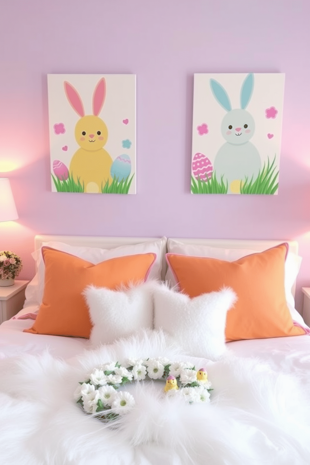 A whimsical bedroom decorated for Easter features pastel-colored wall art showcasing playful bunnies and colorful eggs. The soft hues of the artwork complement the light lavender walls, creating a cheerful and inviting atmosphere. The bed is adorned with a fluffy white duvet and vibrant throw pillows in shades of pink and yellow. Easter-themed decorations, such as a floral wreath and small ceramic chicks, are strategically placed on the nightstands to enhance the festive ambiance.