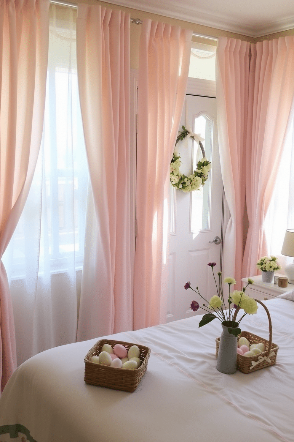 A serene bedroom adorned with pastel-colored curtains that gently filter the morning light, creating a soft and inviting atmosphere. The curtains are paired with a light, airy bedspread and decorative pillows in complementary pastel hues, enhancing the tranquil vibe of the space. For Easter decorating ideas, the room features subtle seasonal accents, such as a pastel-themed wreath on the door and a small basket filled with decorative eggs on the bedside table. Fresh flowers in soft colors are placed in a vase, adding a touch of springtime charm to the overall decor.