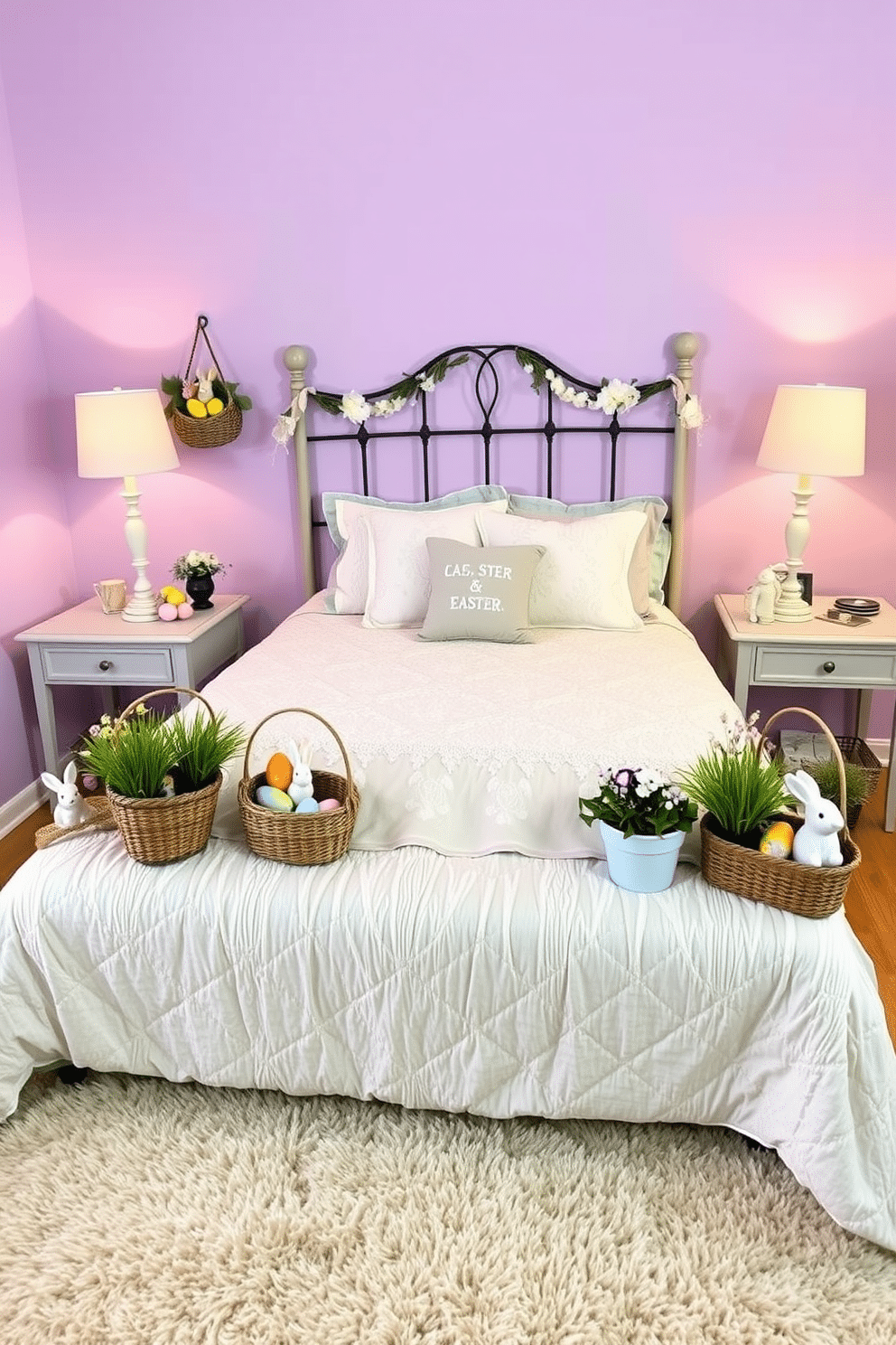 A charming bedroom adorned for Easter, featuring a cozy bed with pastel-colored linens and a decorative quilt. Surrounding the bed are whimsical Easter baskets filled with colorful eggs and spring flowers, enhancing the festive atmosphere. The walls are painted in soft lavender, and a plush area rug adds warmth to the space. On the nightstands, small decorative bunnies and candles create a serene yet cheerful ambiance, perfect for celebrating the holiday.