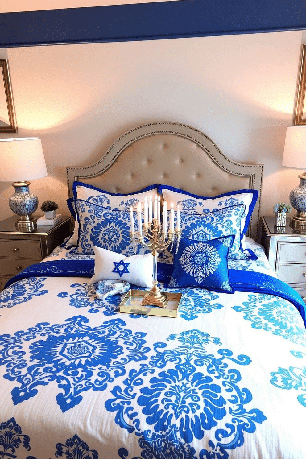 A festive bedroom setting adorned with a blue and white bedding set, featuring intricate patterns that evoke a sense of celebration. The bed is flanked by elegant nightstands, each topped with stylish lamps that cast a warm glow, enhancing the holiday spirit. Incorporate decorative elements that reflect Hanukkah traditions, such as a beautifully arranged menorah on the nightstand. The walls are adorned with subtle blue and white accents, creating a cohesive and inviting atmosphere perfect for the festivities.