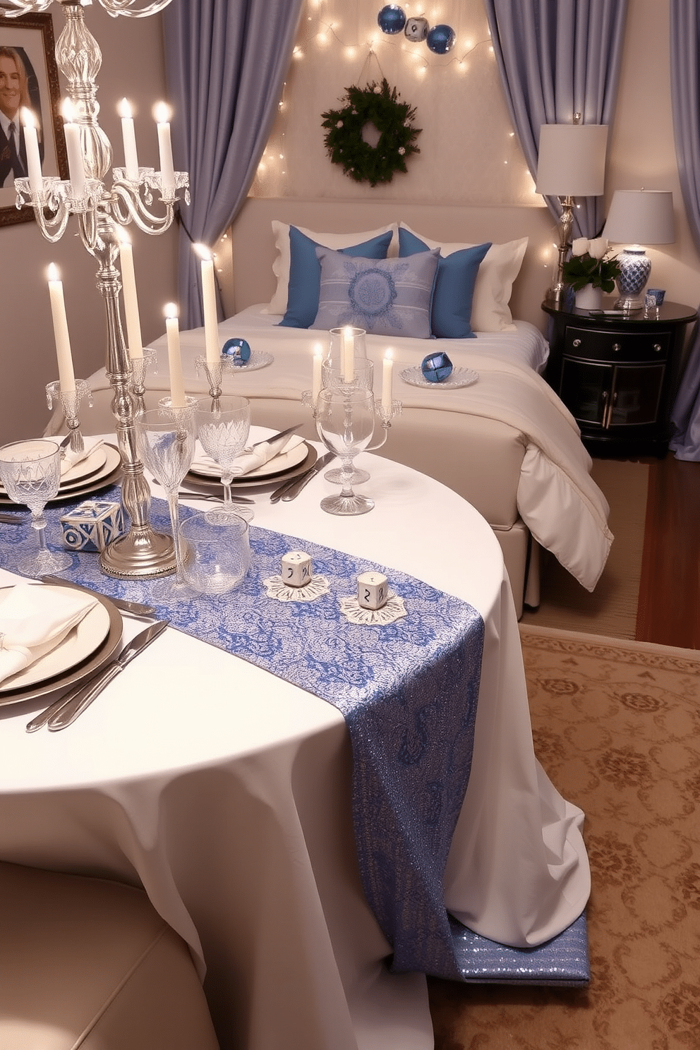 A stylish dining table adorned with a shimmering blue and silver table runner, elegantly draping over the edges. The table is set with fine china, sparkling crystal glassware, and festive silver candles, creating a warm and inviting atmosphere for gatherings. A cozy bedroom transformed for Hanukkah, featuring soft blue and silver accents throughout. The bed is dressed in luxurious linens with a beautiful menorah placed on the nightstand, surrounded by decorative dreidels and twinkling fairy lights for a festive touch.