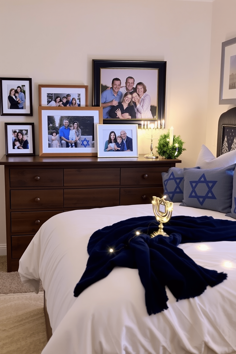 A cozy bedroom adorned with framed family Hanukkah photos displayed on a wooden dresser, creating a warm and inviting atmosphere. Soft, ambient lighting highlights the images, while a festive blue and silver color scheme complements the holiday spirit. The bed is dressed in luxurious white linens with a plush navy throw blanket, and decorative pillows featuring Star of David patterns. A small tabletop menorah sits on the nightstand, surrounded by fresh greenery and twinkling fairy lights to enhance the festive ambiance.