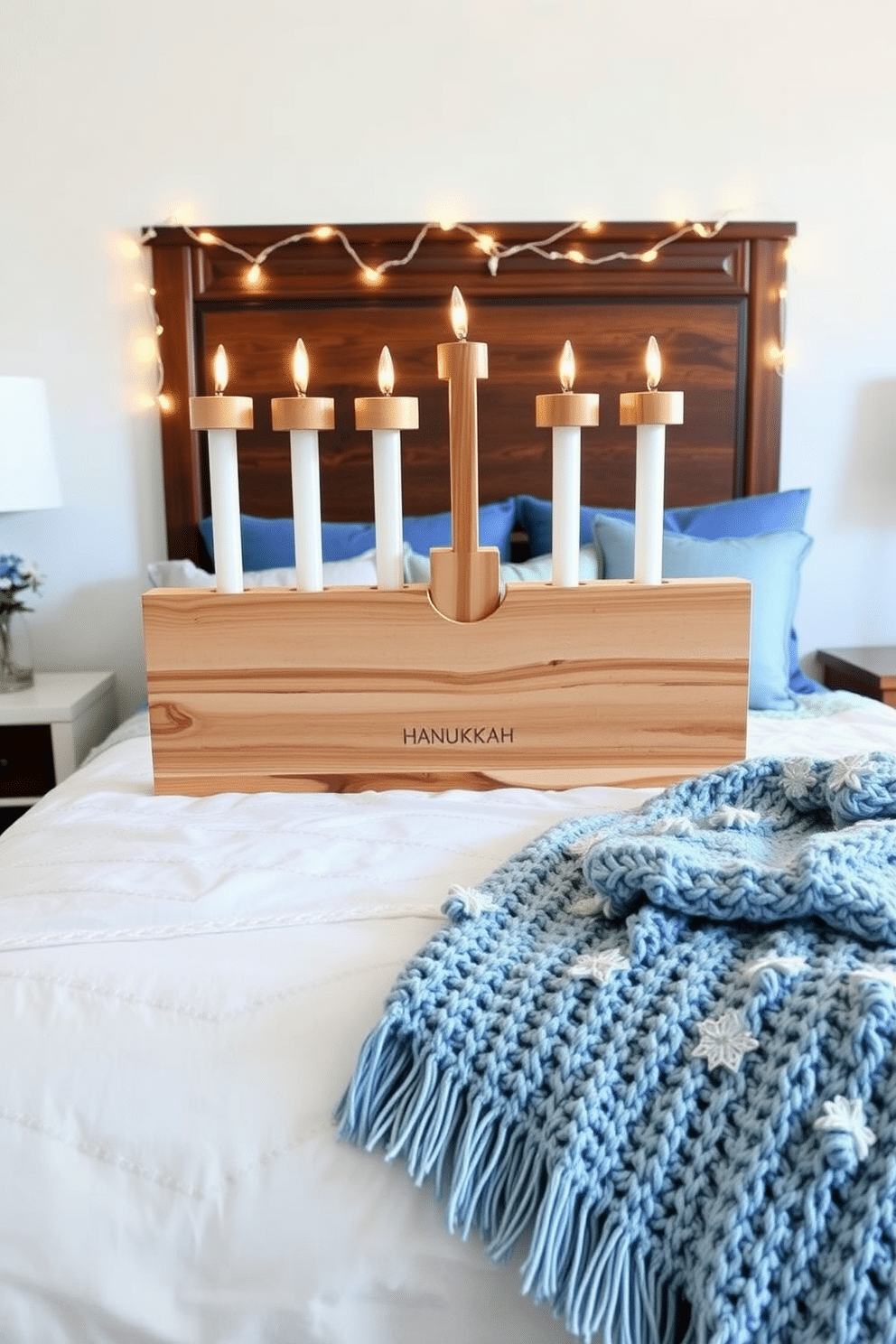 A DIY menorah made from wood features a rustic design with a natural finish, showcasing a combination of smooth and textured surfaces for visual interest. Each candle holder is elegantly carved, spaced evenly along the top, while the base is sturdy and adorned with subtle Hanukkah-themed engravings. For a cozy bedroom setting during Hanukkah, soft blue and silver accents create a serene atmosphere. Twinkling fairy lights are draped over the headboard, and a plush throw blanket in festive colors is layered on the bed, enhancing the holiday spirit.