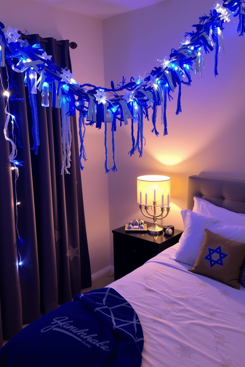 A vibrant Hanukkah garland drapes elegantly across the room, featuring a mix of blue, silver, and white colors that reflect the festive spirit. Soft, warm lighting enhances the decorations, creating a cozy and inviting atmosphere perfect for celebrating the holiday. In the bedroom, a beautifully arranged menorah sits on the nightstand, surrounded by decorative dreidels and shimmering gold accents. The bedding is adorned with subtle Star of David patterns, and a festive throw blanket adds a touch of warmth and comfort to the space.