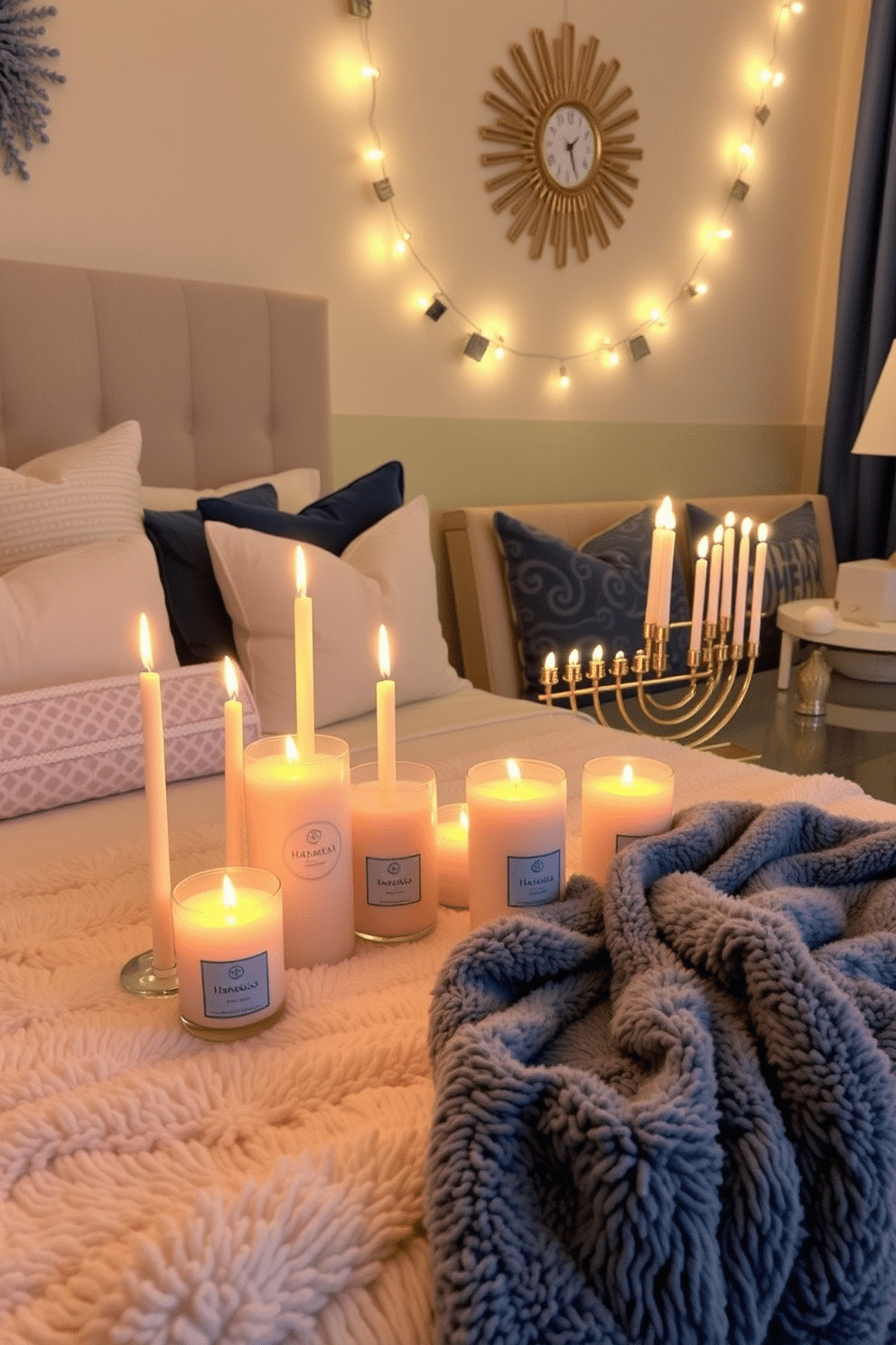 A cozy bedroom adorned for Hanukkah, featuring a beautifully arranged display of scented candles in festive designs, casting a warm glow throughout the space. Soft blue and white decorations complement the candles, with a plush throw blanket draped over the bed and a menorah elegantly placed on the nightstand.