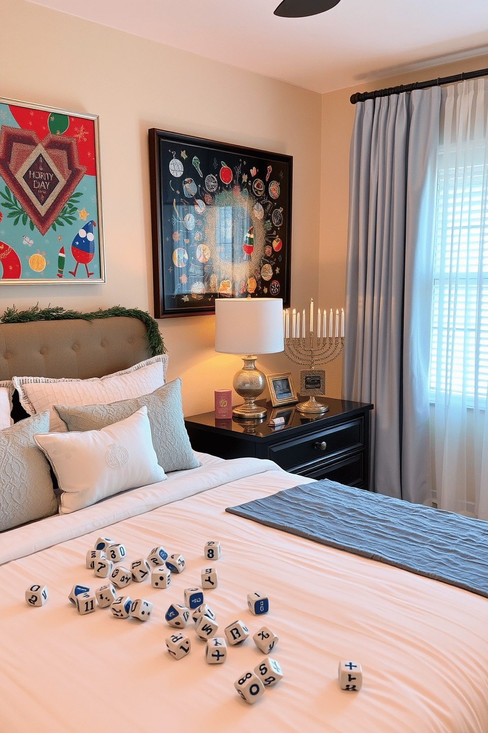 Festive holiday artwork adorns the walls, featuring vibrant colors and traditional symbols that evoke the spirit of Hanukkah. The room is filled with cozy textiles and soft lighting, creating a warm and inviting atmosphere for celebrating the season. The bedroom showcases a beautifully arranged menorah on the nightstand, complemented by decorative dreidels scattered across the dresser. Soft blue and silver accents in the bedding and curtains enhance the festive theme, making the space feel both elegant and festive.