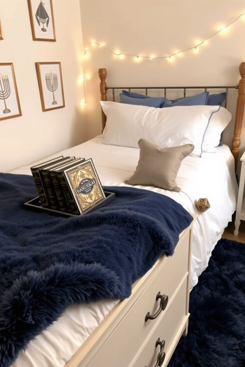 A cozy bedroom adorned for Hanukkah, featuring a beautifully made bed with soft blue and white linens. On the bedside table, vintage Hanukkah books are artfully displayed, their covers showcasing intricate designs and gold accents. The walls are decorated with subtle menorah-themed artwork, and a string of warm white lights adds a festive glow. A plush area rug in deep blue complements the decor, while a small dreidel is placed thoughtfully on the dresser.