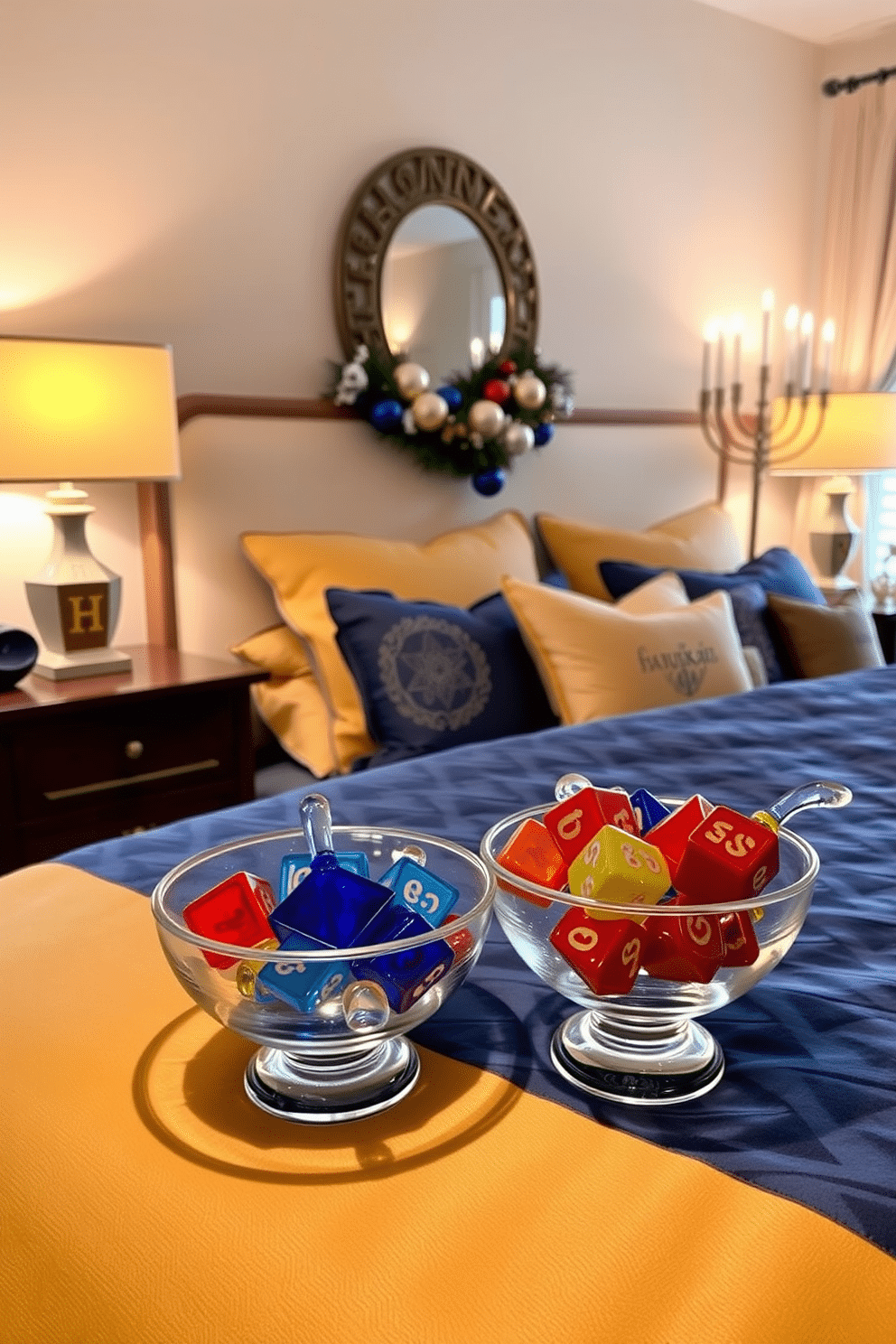 A cozy bedroom adorned with festive Hanukkah decorations. Decorative glass dreidels in vibrant colors are artfully arranged in elegant bowls placed on the nightstands. The bedding features a rich blue and gold color palette, complemented by soft, warm lighting from stylish bedside lamps. A beautiful menorah sits on the windowsill, casting a gentle glow and adding to the holiday ambiance.