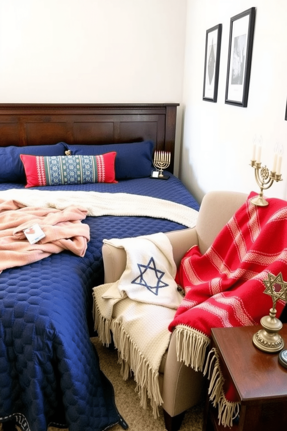 Cozy reading nook with holiday throws. A plush armchair is nestled in the corner, draped with soft, colorful throws and surrounded by a small bookshelf filled with festive books. Bedroom Hanukkah Decorating Ideas. The bed is adorned with a deep blue quilt, while decorative menorahs and star of David accents are placed on the nightstands, creating a warm and inviting atmosphere.