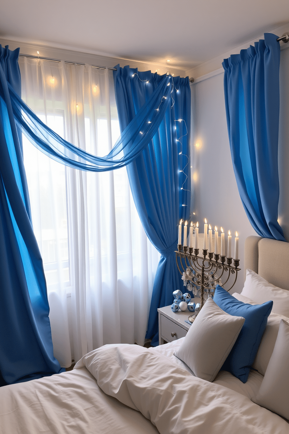 A serene bedroom adorned with blue and white curtains that gently filter the light, creating a calming ambiance. The curtains are draped elegantly, complementing soft bedding in shades of blue and white, enhancing the tranquil atmosphere. The room is decorated for Hanukkah with a beautifully arranged menorah on the nightstand, surrounded by decorative dreidels and shimmering blue and silver accents. Twinkling fairy lights are strung across the window, adding a festive touch to the cozy space.