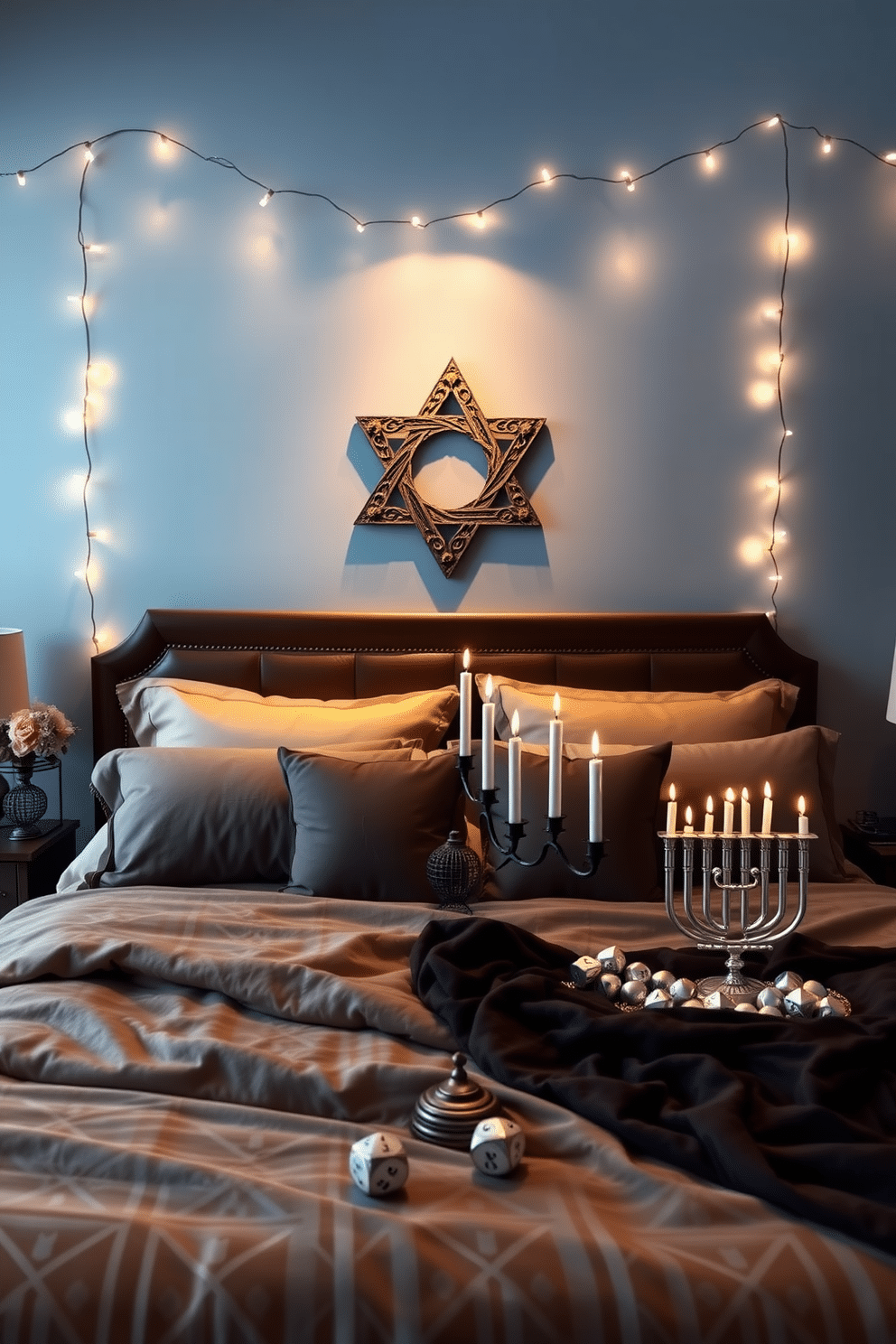 A stunning bedroom featuring a prominent Star of David wall art display, crafted from intricate metalwork and illuminated by soft, warm lighting. The walls are painted in a calming shade of blue, creating a serene backdrop for the art piece, while plush bedding in rich, deep tones complements the overall aesthetic. For Hanukkah decorating ideas, the room is adorned with elegant string lights that twinkle above the bed, casting a cozy glow throughout the space. A beautifully arranged menorah sits on a bedside table, surrounded by decorative dreidels and seasonal accents that enhance the festive atmosphere.