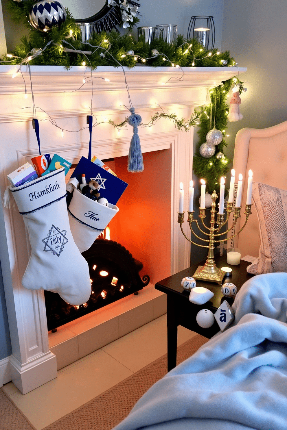 Personalized Hanukkah stockings are elegantly hung by the fireplace, each adorned with unique embroidery and festive colors. The stockings are filled with small gifts and treats, adding a warm and inviting touch to the holiday decor. In the bedroom, soft blue and silver accents create a serene atmosphere, with twinkling fairy lights draped across the headboard. A beautifully arranged menorah sits on the nightstand, surrounded by decorative dreidels and a cozy throw blanket.