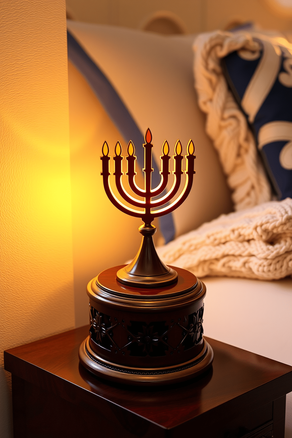 A themed nightlight designed to emit a soft glow, featuring a delicate silhouette of a menorah. The base is crafted from polished wood, adorned with intricate carvings that reflect the warmth of the holiday spirit. Incorporate festive elements into the bedroom with subtle Hanukkah decorations, such as blue and silver accents throughout the space. Soft, cozy textiles like a plush throw blanket and decorative pillows enhance the ambiance, creating a serene and inviting atmosphere for the celebration.