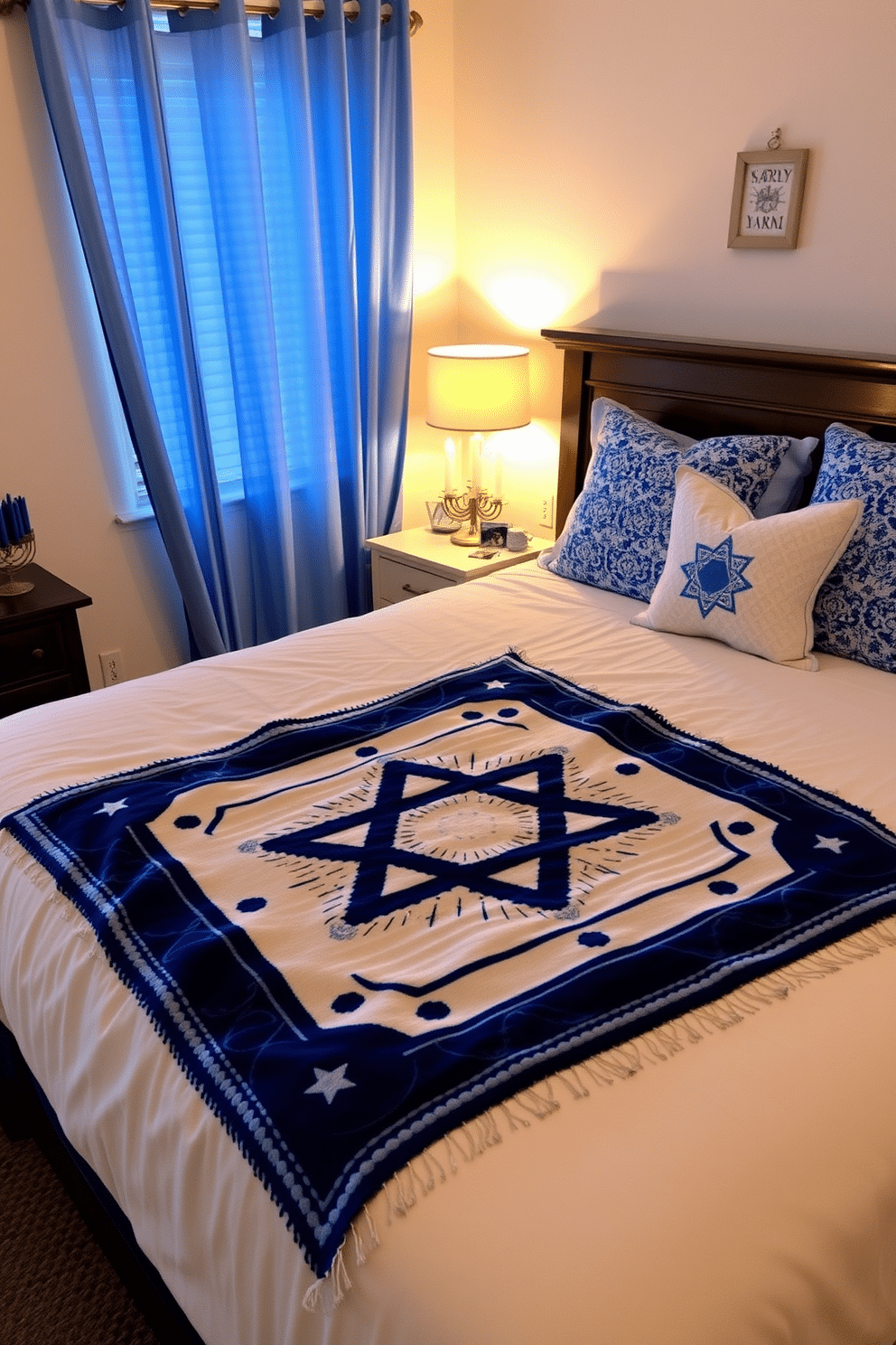 A cozy bedroom adorned for Hanukkah, featuring a beautifully draped throw blanket with an intricate Star of David pattern across the bed. Soft blue and white accents complement the warm glow of menorah candles placed on the nightstand, creating a festive and inviting atmosphere.