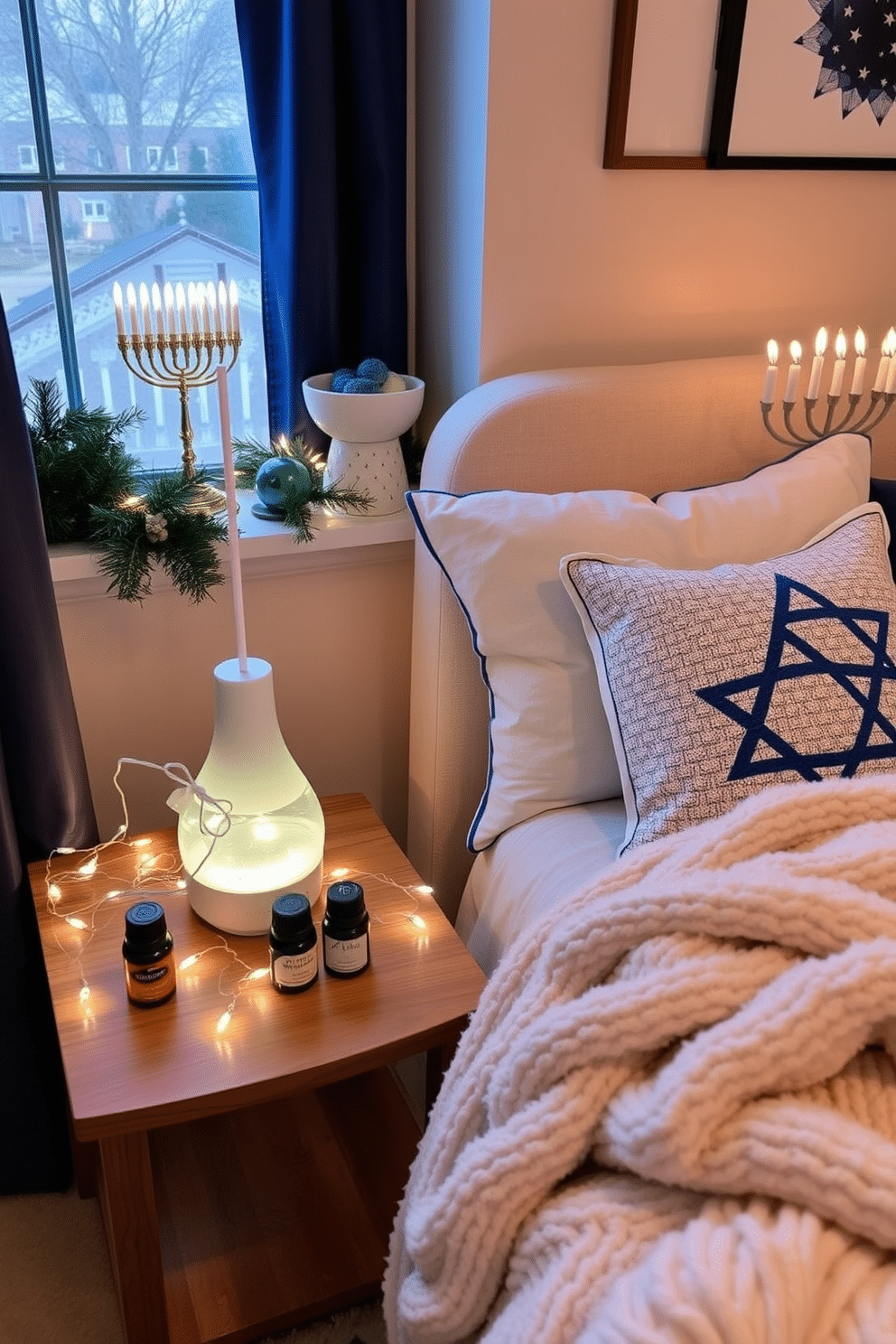 A festive holiday scent diffuser is elegantly placed on a wooden side table, surrounded by twinkling fairy lights and a selection of scented oils like pine and cinnamon. The soft glow of the lights enhances the cozy atmosphere, inviting warmth and cheer into the room. For Hanukkah decorating ideas, the bedroom features a beautifully adorned menorah on the windowsill, complemented by blue and silver accents throughout the space. Plush throw pillows with Star of David patterns and a soft, warm blanket draped over the bed create a welcoming and festive retreat.