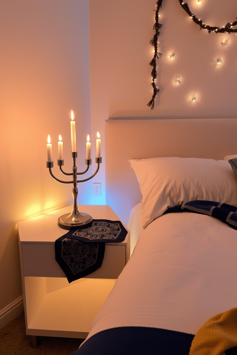 A stylish menorah is elegantly placed on a sleek bedside table, surrounded by soft, ambient lighting that creates a warm atmosphere. The table features a decorative runner in rich blue and silver tones, complementing the festive spirit of Hanukkah. Adorning the walls are subtle, tasteful decorations that evoke the essence of the holiday, with shimmering stars and delicate garlands. A cozy throw blanket in shades of blue and gold drapes over the edge of the bed, inviting relaxation and celebration.