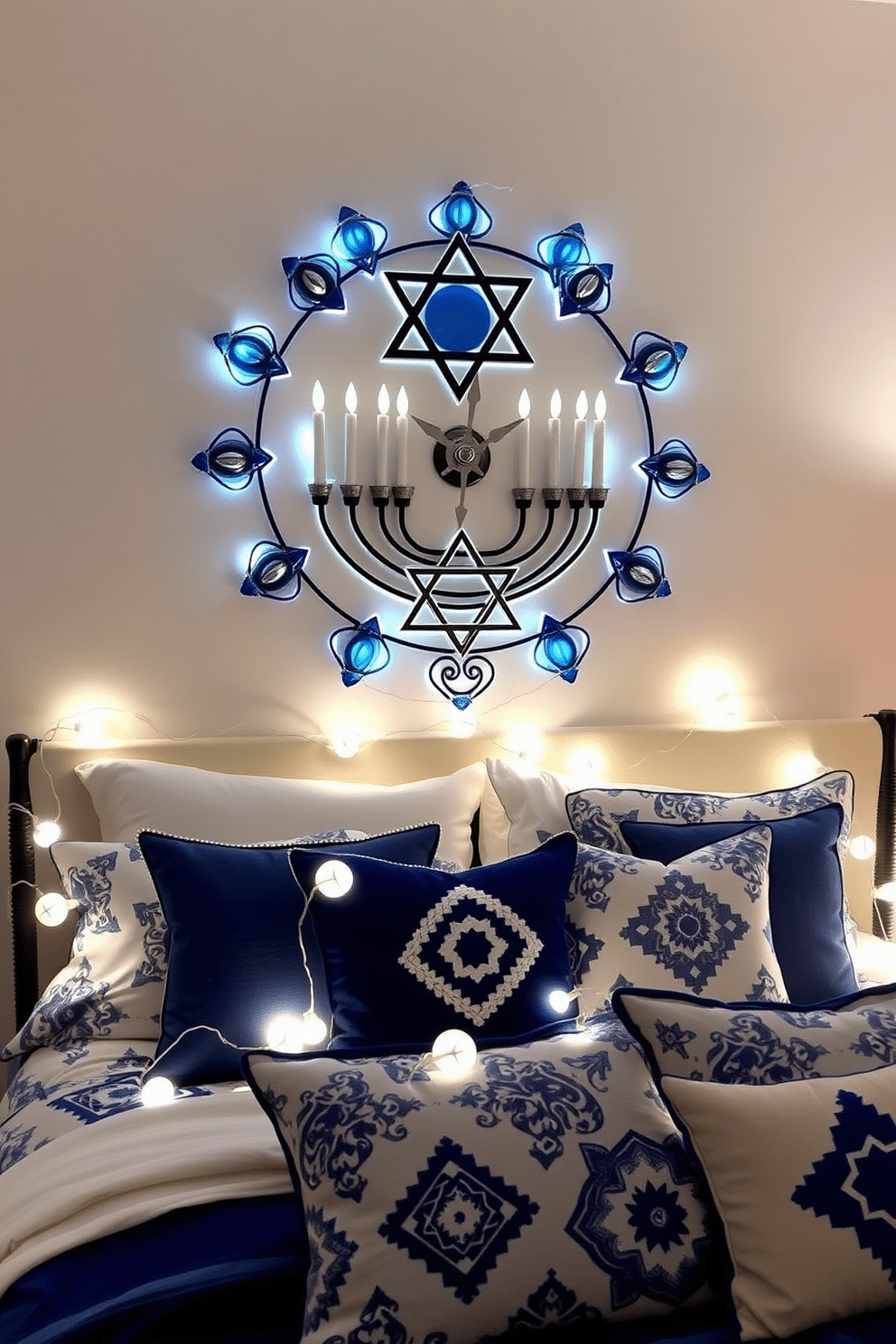 A creative Hanukkah-themed wall clock features a circular design adorned with blue and silver accents, showcasing the Star of David at its center. The clock hands are elegantly designed as menorah candles, with a soft glow emanating from the background to evoke the warmth of the holiday. For bedroom Hanukkah decorating ideas, consider a cozy atmosphere with blue and white bedding, complemented by decorative pillows featuring festive motifs. String lights in the shape of dreidels can be draped along the headboard, adding a whimsical touch to the space while celebrating the spirit of the season.