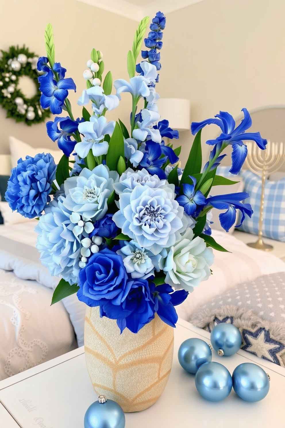 A vibrant seasonal floral arrangement featuring various flowers in shades of blue, including hydrangeas, delphiniums, and irises, artfully displayed in a textured ceramic vase. The arrangement is complemented by lush greenery, creating a fresh and inviting focal point for any room. A cozy bedroom decorated for Hanukkah, adorned with soft blue and silver accents. The bed is layered with plush blankets and decorative pillows, while a menorah sits on the nightstand, surrounded by shimmering star-shaped ornaments.