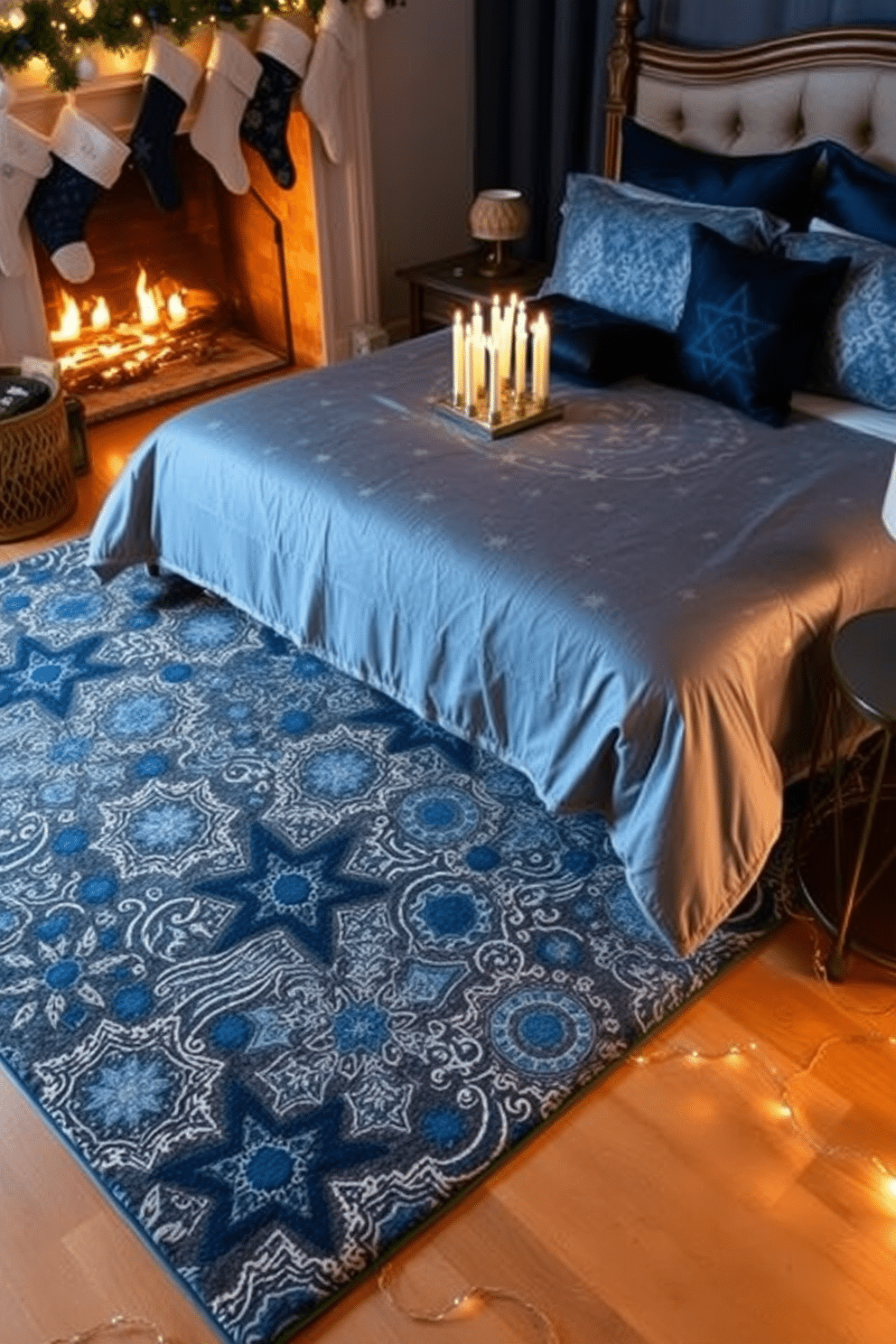 A festive holiday-themed area rug with intricate patterns of blue and silver stars, reminiscent of a winter night sky. The rug is placed in a cozy living room, surrounded by a warm fireplace adorned with stockings and twinkling fairy lights. For bedroom Hanukkah decorating ideas, imagine a serene space featuring a beautifully made bed with deep blue and silver linens, complemented by decorative pillows that showcase menorah motifs. Soft, ambient lighting from a nearby lamp casts a gentle glow on a small table displaying a menorah and a collection of dreidels, creating a peaceful holiday atmosphere.