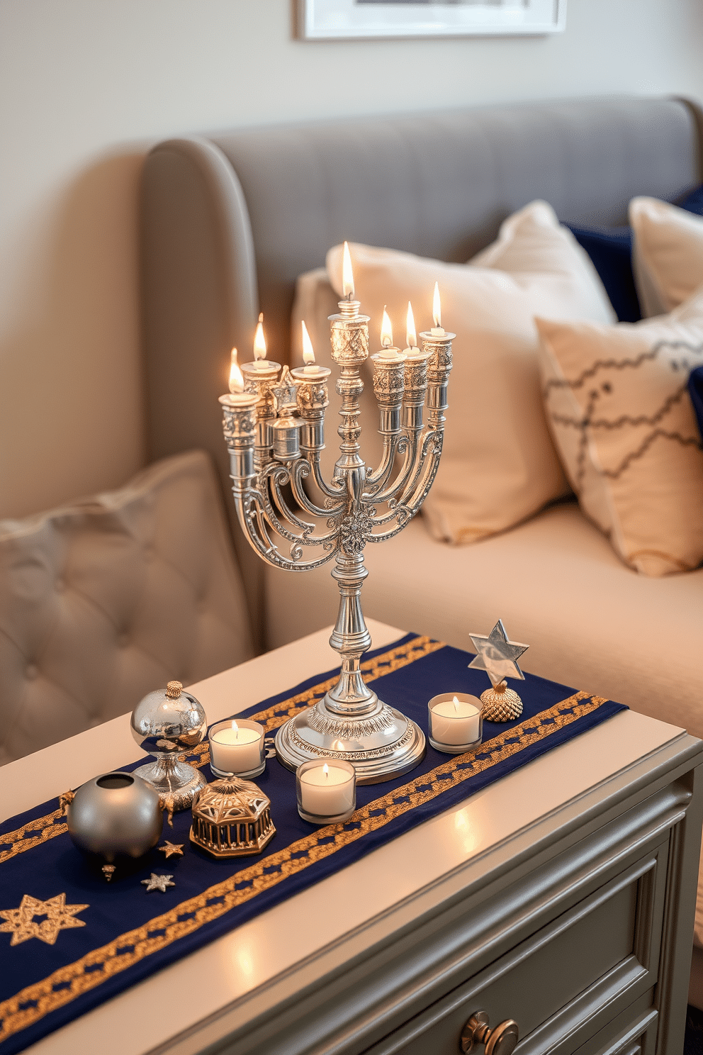 A beautifully arranged nightstand features a stunning menorah centerpiece, elegantly crafted from silver with intricate details. Surrounding the menorah are small decorative elements like candles and a festive table runner in rich blue and gold tones, creating a warm and inviting atmosphere for Hanukkah celebrations. The bedroom is adorned with soft, ambient lighting that enhances the cozy feel, complemented by plush pillows in shades of navy and cream. Subtle Hanukkah-themed decorations, such as star and dreidel motifs, are tastefully integrated into the overall design, adding a festive touch without overwhelming the space.