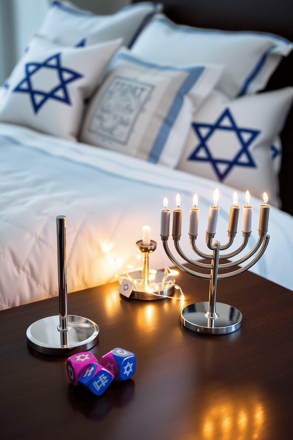 Chic Hanukkah-themed desk accessories. A stylish desk features a sleek menorah made of polished silver, accompanied by a set of elegant dreidels in vibrant colors. Bedroom Hanukkah Decorating Ideas. The bedroom is adorned with soft blue and white linens, complemented by decorative pillows featuring Star of David patterns. A cozy nook includes a small tabletop menorah, surrounded by twinkling fairy lights for a warm, festive glow.