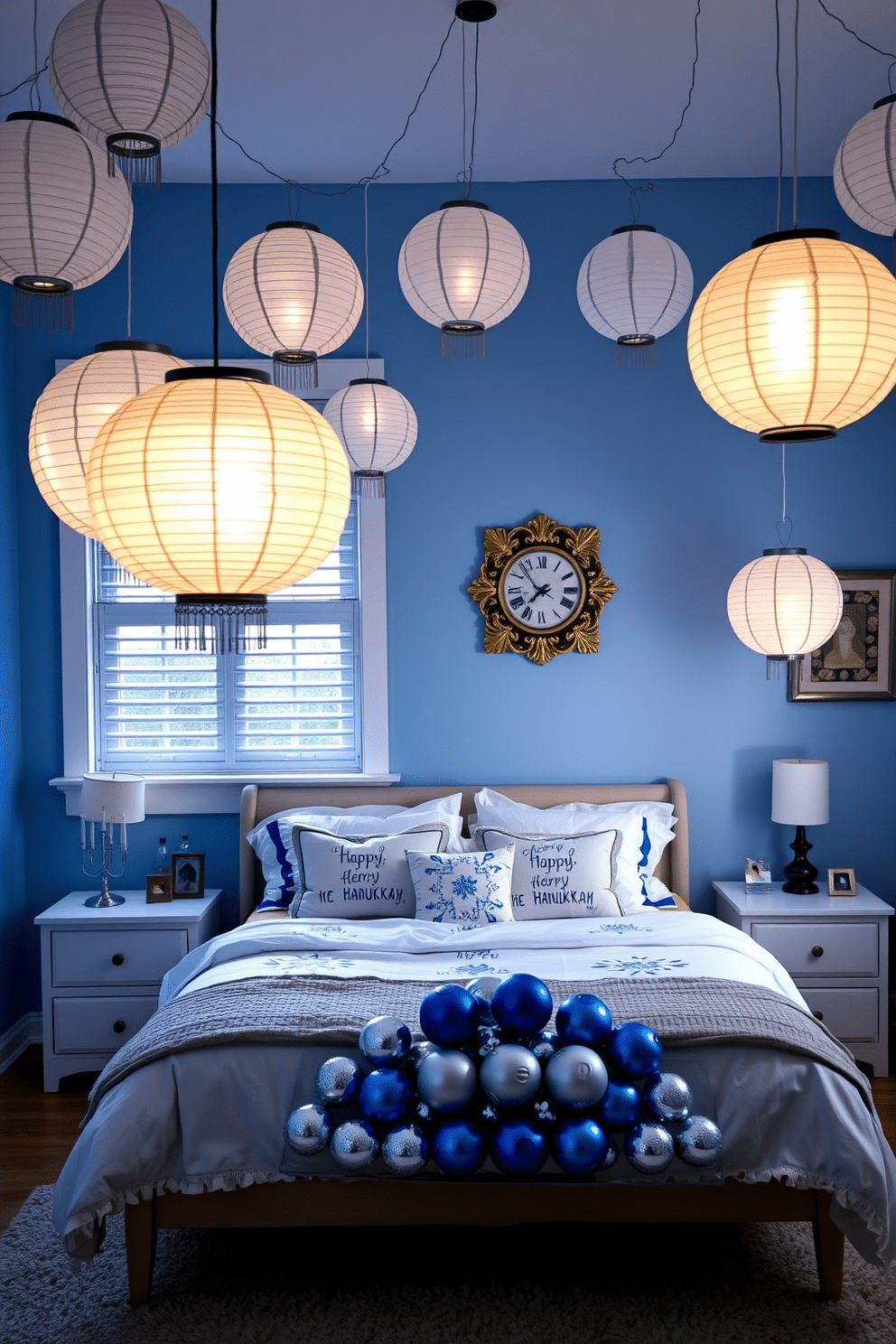 A cozy bedroom adorned with hanging paper lanterns that softly illuminate the space, creating a warm and inviting atmosphere. The walls are painted in a soft blue hue, complementing the delicate lanterns, while a plush bed with festive Hanukkah-themed bedding sits in the center of the room. On the nightstands, small decorative menorahs and dreidels add a touch of holiday spirit, enhancing the festive ambiance. A beautifully arranged display of blue and silver ornaments is placed on the windowsill, reflecting the light from the lanterns and creating a magical, celebratory feel.