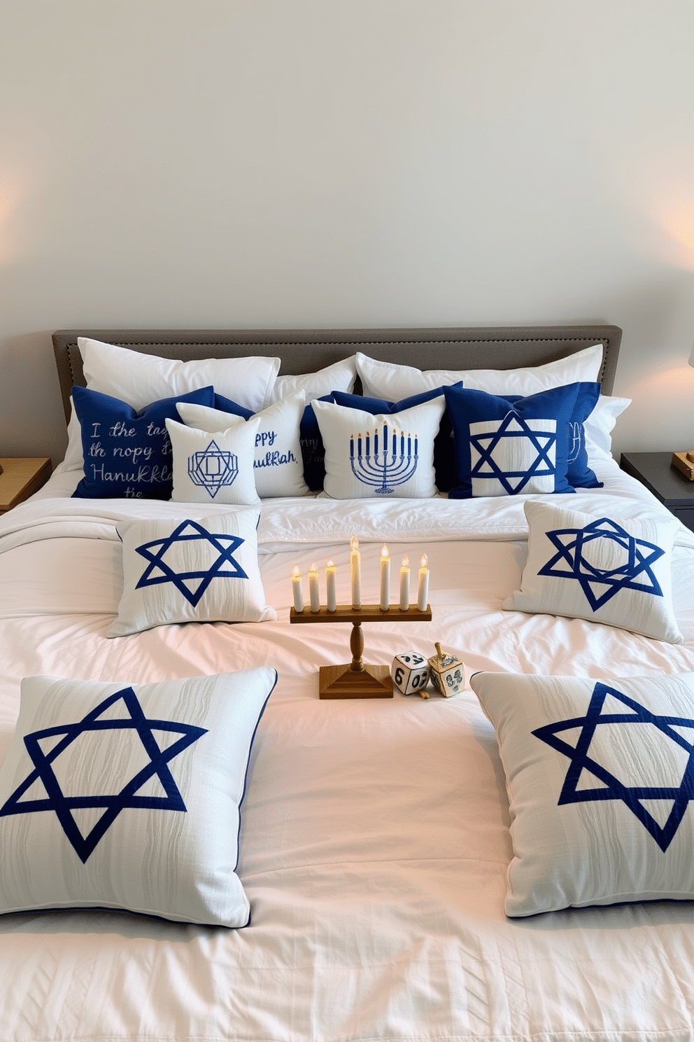 A cozy bedroom adorned with Hanukkah-themed throw pillows featuring blue and white designs, including stars and menorahs. The pillows are arranged on a plush white bedspread, complemented by soft, warm lighting from bedside lamps with gold accents. The walls are painted a calming light gray, creating a serene backdrop for the festive decor. A small wooden menorah sits on the nightstand, surrounded by decorative dreidels, adding a touch of holiday spirit to the room.