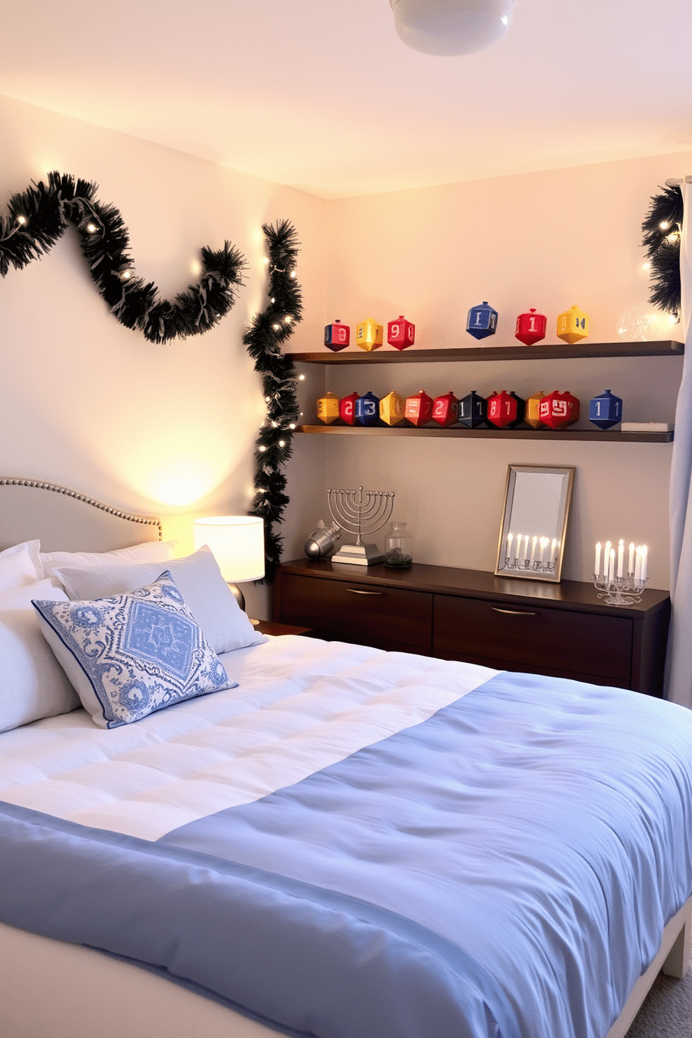 A cozy bedroom adorned with festive Hanukkah decorations. Shelves are lined with decorative dreidels in vibrant colors, adding a playful touch to the space. Soft blue and white accents dominate the bedding, creating a serene atmosphere. A small menorah sits on the nightstand, casting a warm glow during the holiday season.