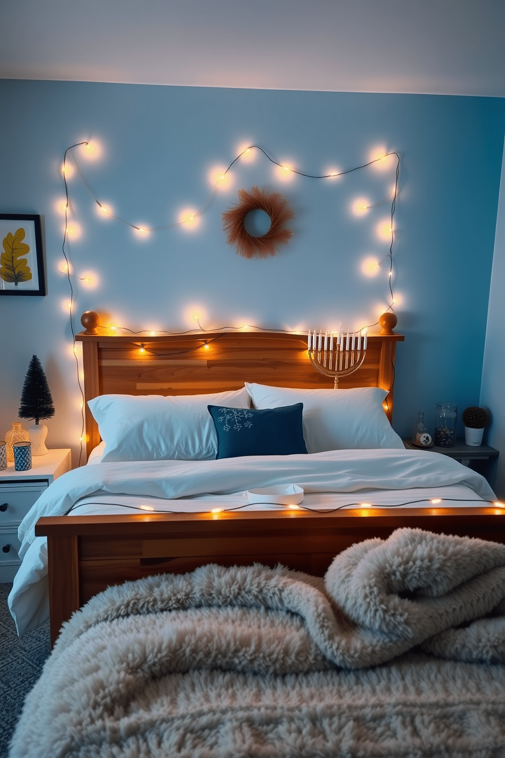 A cozy bedroom adorned for Hanukkah, featuring a beautifully made bed with string lights wrapped around the wooden bedframe, casting a warm glow throughout the space. The walls are painted in soft blue tones, and a menorah sits elegantly on the nightstand, surrounded by festive decorations and a plush throw blanket at the foot of the bed.