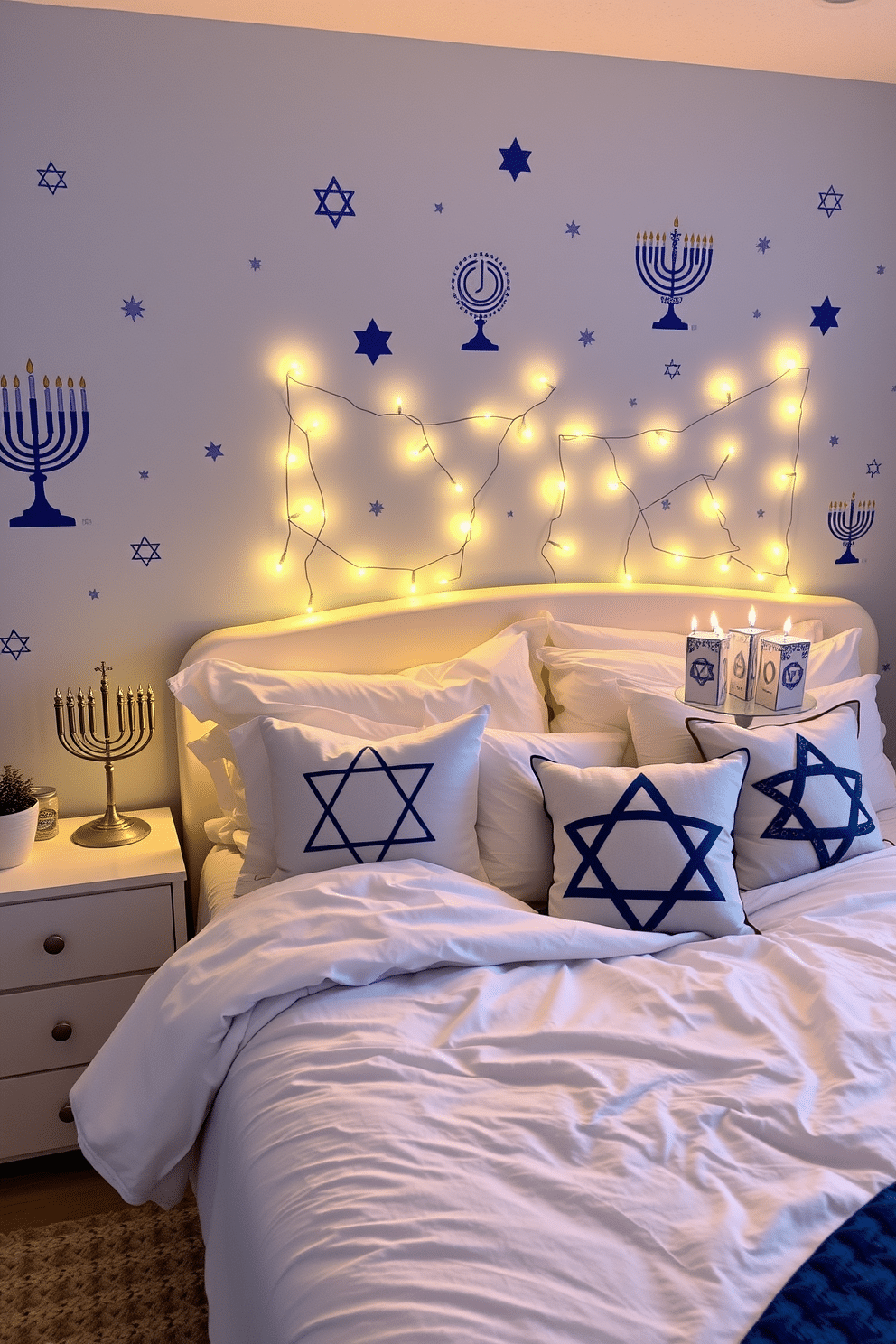 A cozy bedroom adorned with wall decals of menorahs and stars creates a festive atmosphere for Hanukkah. The walls are painted in a soft blue hue, complementing the warm glow of string lights draped across the headboard. A plush, white bedding set is accented with decorative pillows featuring traditional Hanukkah symbols. On the bedside table, a menorah stands proudly, surrounded by a collection of colorful dreidels and a small potted plant.