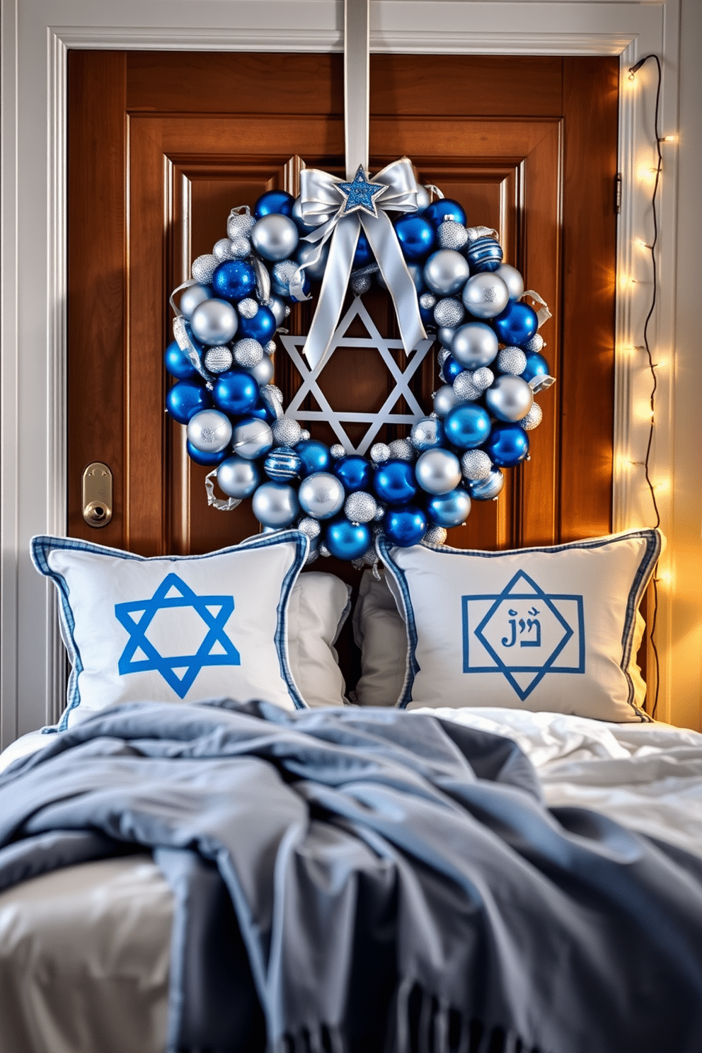 A beautifully adorned front door features a Hanukkah wreath crafted from blue and silver ornaments, symbolizing the Festival of Lights. The wreath is accented with delicate ribbons and a Star of David, creating a warm and inviting entryway. In the bedroom, soft blue and white linens are layered on the bed, complemented by decorative pillows featuring menorahs and dreidels. A cozy throw blanket drapes over the side, while twinkling fairy lights are strung along the headboard, adding a festive glow to the space.