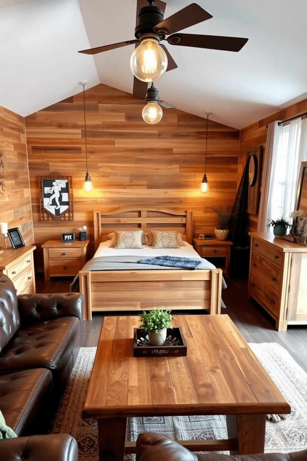 A cozy bedroom man cave featuring rustic reclaimed wood furniture accents. The centerpiece is a large reclaimed wood bed frame with a plush mattress, surrounded by matching nightstands and a distressed wooden dresser. Soft, ambient lighting is provided by industrial-style pendant lamps hanging from the ceiling. A comfortable seating area includes a leather sofa and a reclaimed wood coffee table, perfect for relaxation and entertainment.