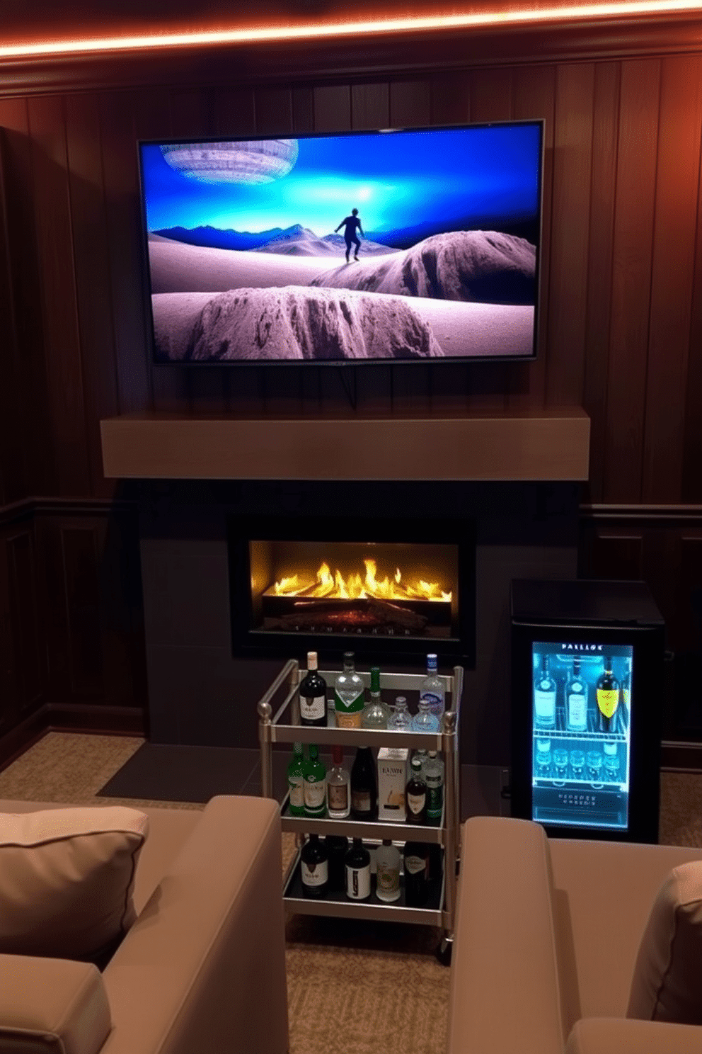 A modern man cave featuring a sleek Smart TV mounted above a contemporary fireplace, creating a cozy entertainment area. The walls are adorned with dark wood paneling, and plush seating options invite relaxation while enjoying movies or games. The room includes a stylish bar cart stocked with premium spirits, positioned next to a mini-fridge for convenience. Ambient lighting enhances the atmosphere, with strategically placed LED strips illuminating the space for a perfect game night vibe.