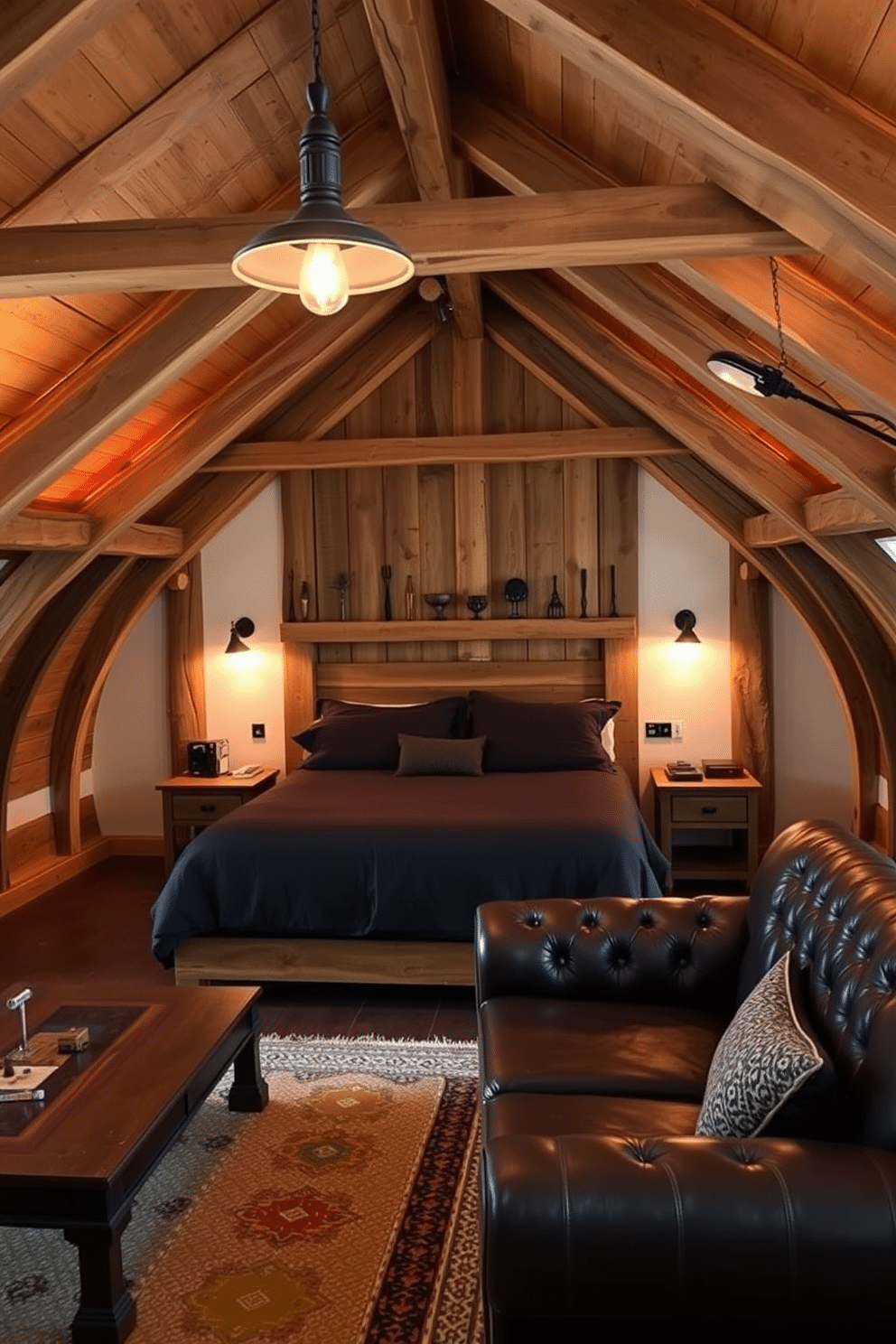 A cozy bedroom man cave featuring exposed wooden beams that add a rustic charm to the space. The room is designed with a plush king-sized bed dressed in dark linens, complemented by a reclaimed wood headboard and matching nightstands. A dedicated lounge area includes a leather sofa and a vintage coffee table, perfect for relaxation. Warm lighting fixtures hang from the wooden beams, creating an inviting ambiance for movie nights or game days.