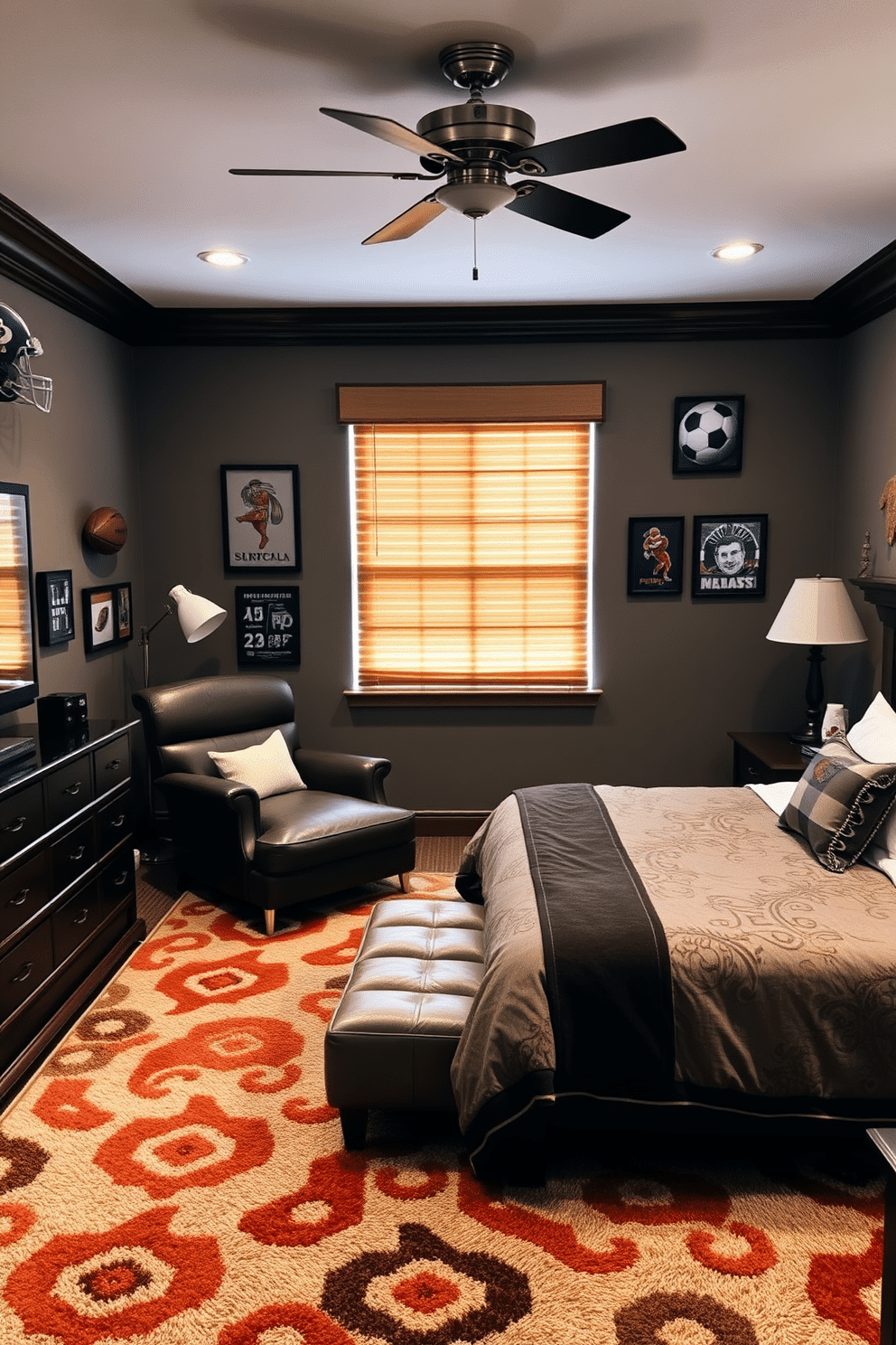 A cozy bedroom man cave featuring a plush, bold patterned area rug that adds warmth and character to the space. The room is designed with rich, dark wood furnishings, a comfortable oversized chair, and ambient lighting to create a relaxed atmosphere. The walls are adorned with sports memorabilia and artwork that reflect personal interests, enhancing the man cave vibe. A large, inviting bed with luxurious bedding complements the rug, making it a perfect retreat for relaxation and entertainment.