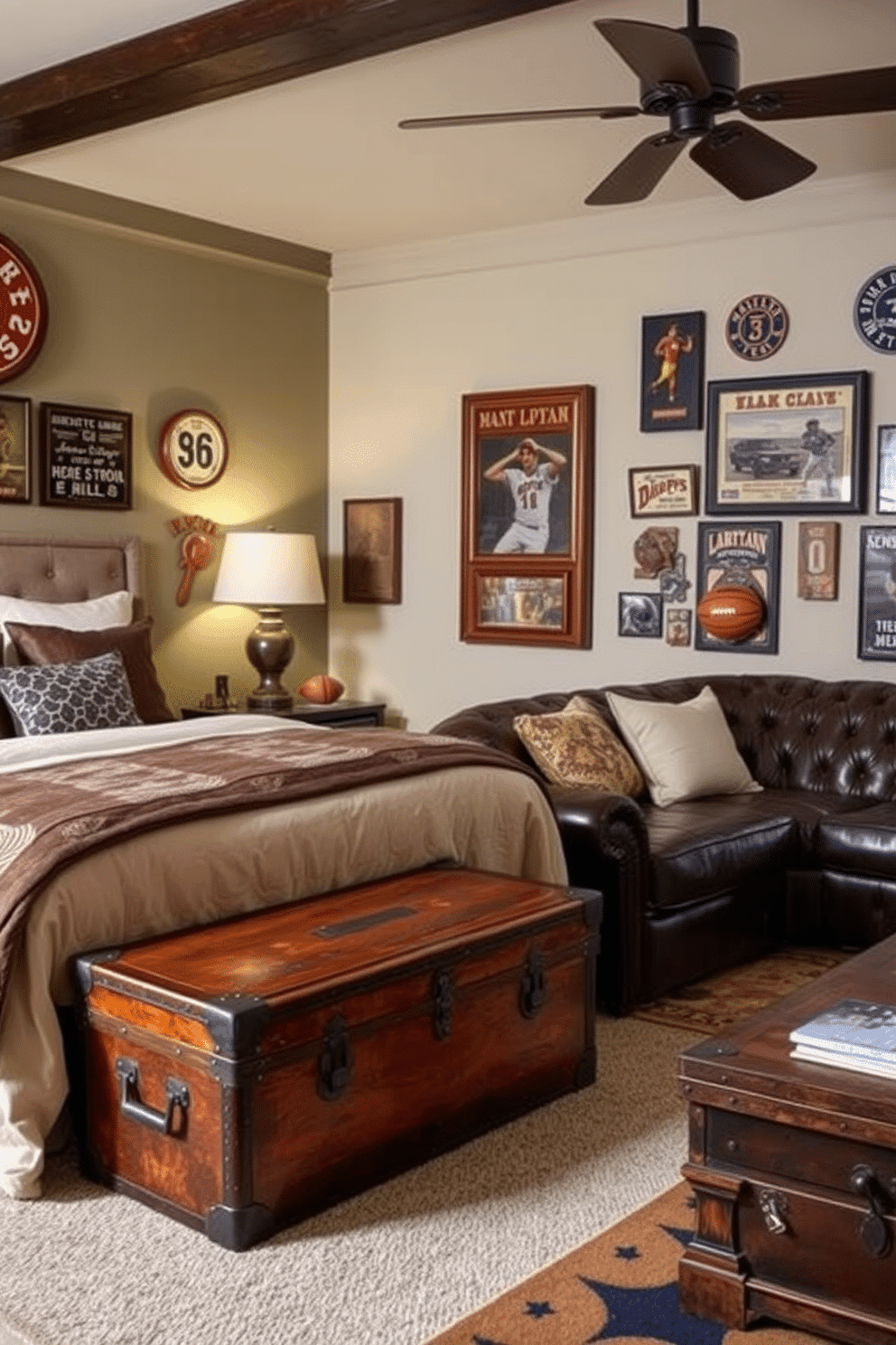 A cozy bedroom featuring antique trunks as unique storage solutions. The trunks are placed at the foot of the bed, adding character and functionality to the space. A stylish man cave designed for relaxation and entertainment. The room includes a plush leather sofa, a rustic wooden coffee table, and vintage sports memorabilia adorning the walls.