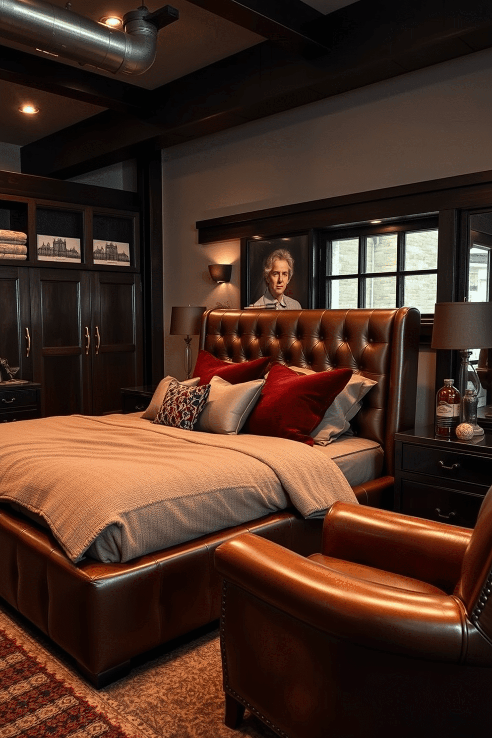 A luxurious bedroom features a sleek leather bed frame, upholstered in rich, deep tones that exude sophistication. The bedding is plush and inviting, layered with soft textures and accented by decorative pillows in complementary colors. The room is designed as a man cave, incorporating dark wood furniture and industrial elements for a rugged yet refined atmosphere. A statement piece, such as a vintage leather armchair, adds character and comfort, while ambient lighting casts a warm glow throughout the space.